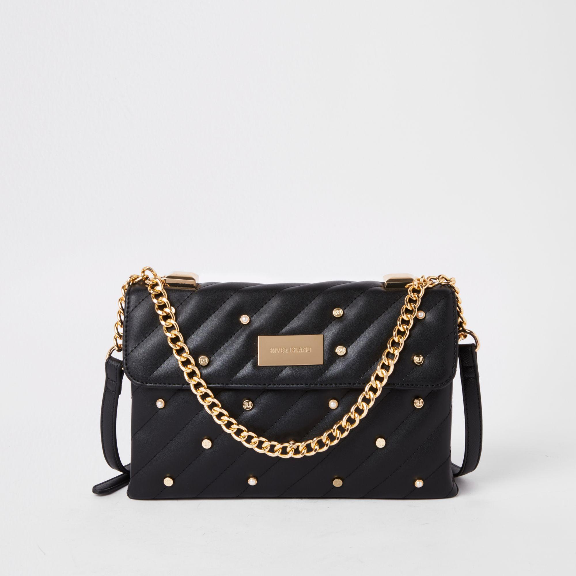 River Island Leather Quilted Embellished Cross Body Bag in Black Lyst