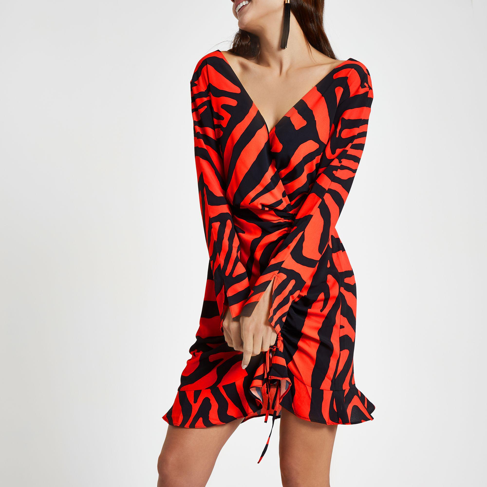 Synthetic Red Zebra Print Wrap Dress - Lyst