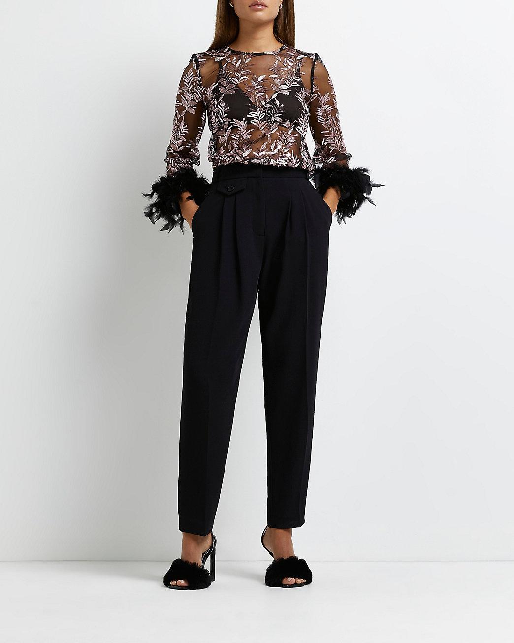 River Island Black Feather Cuff Sequin Sheer Top | Lyst