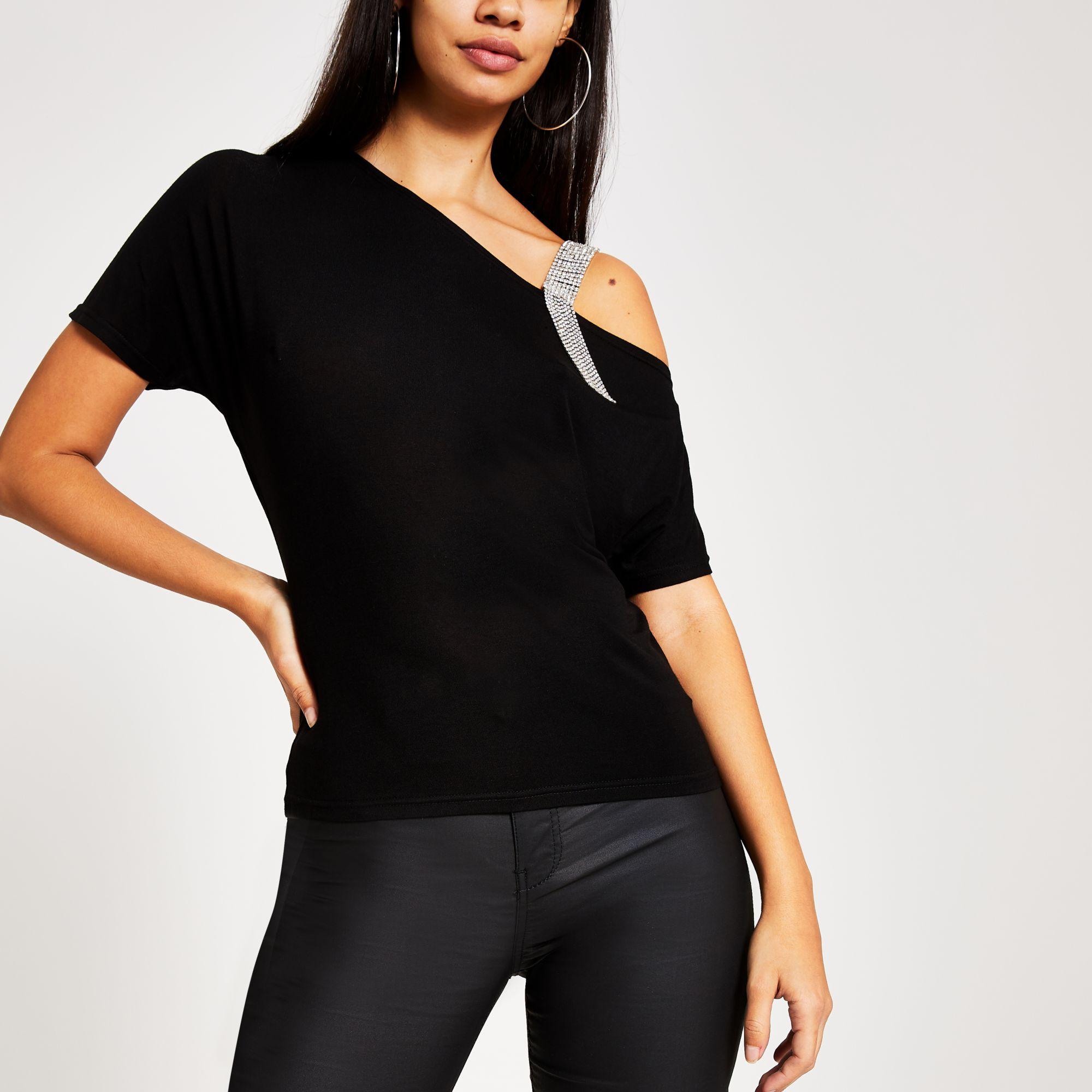 River Island Plus One Shoulder Diamante Strap Top in Black Lyst