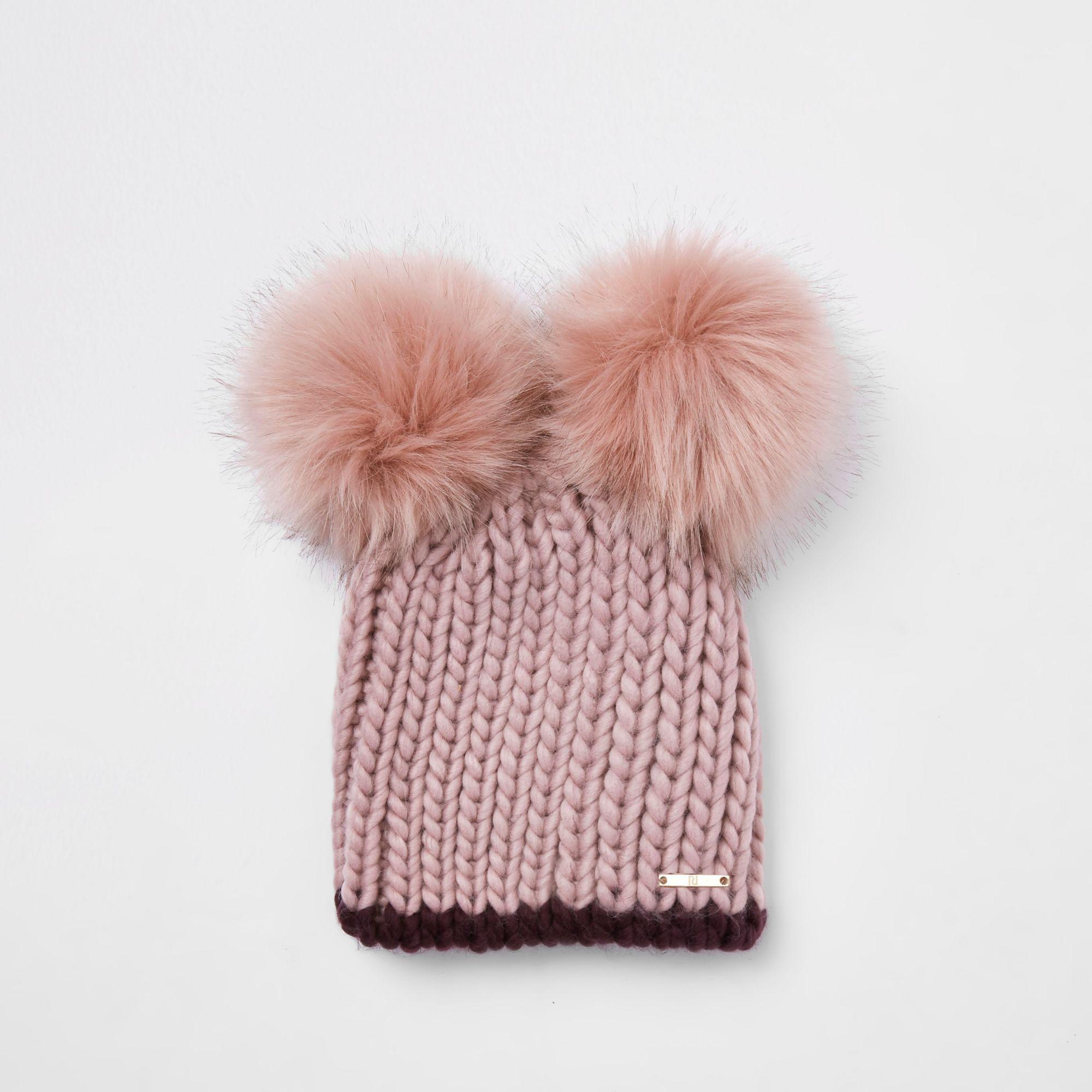 River Island Double Om Beanie Hat Pink - Lyst