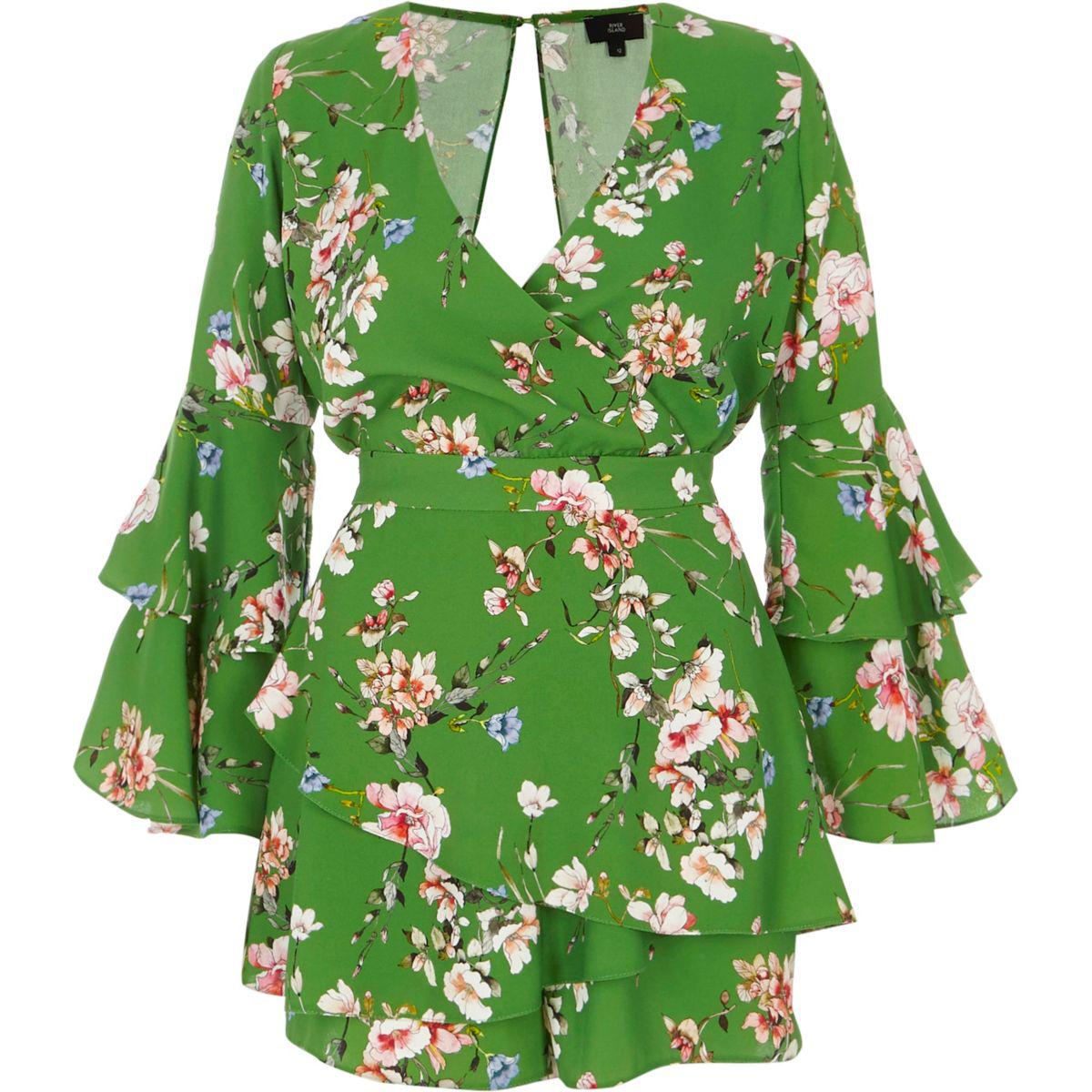 River Island Synthetic Thalia Front Wrap Playsuit in Green - Lyst