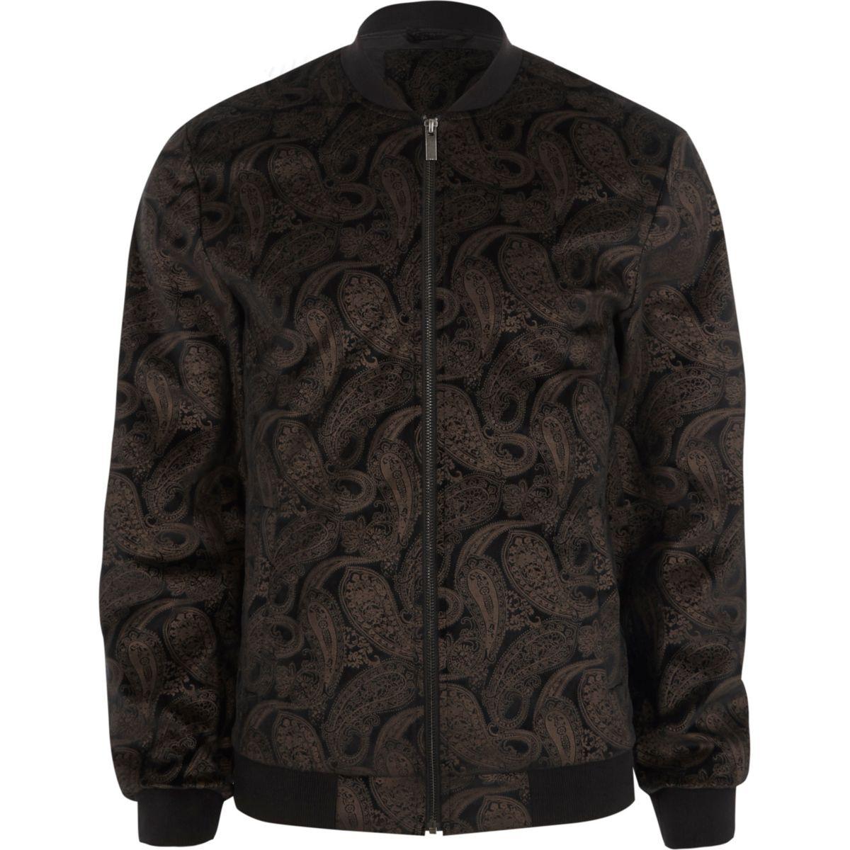 River Island Dark Brown And Gold Paisley Bomber Jacket Dark Brown And
