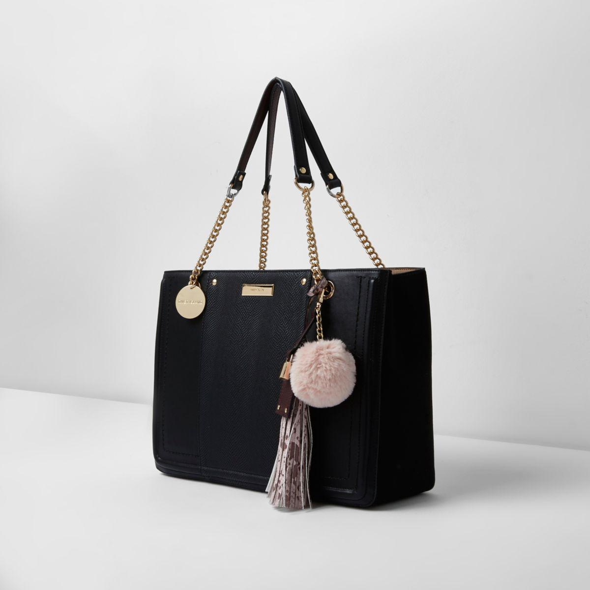 Lyst - River Island Black Chain Handle Tassel Structured Tote Bag in Black