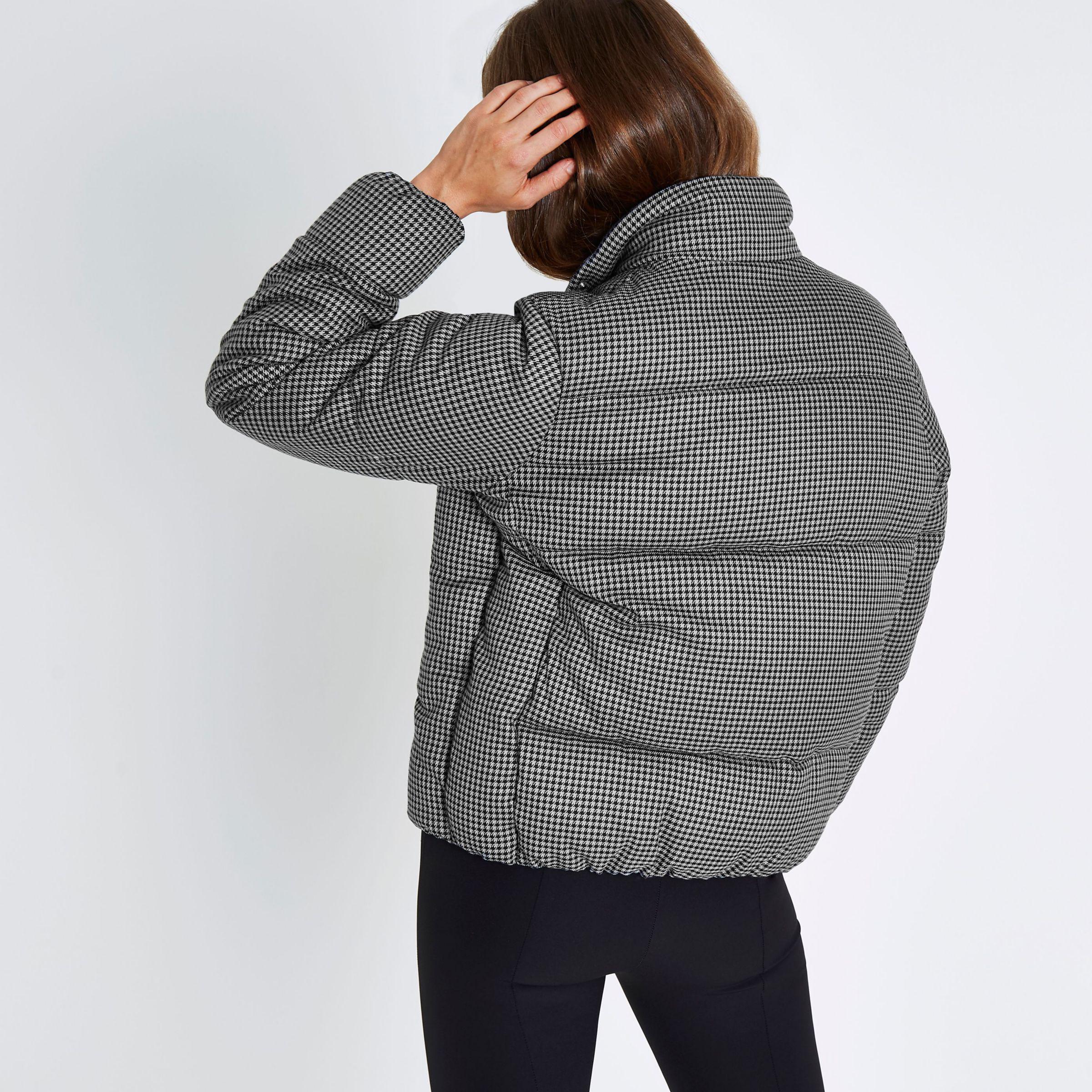 River Island Cotton Grey Dogtooth Check Puffer Jacket in Grey Lyst