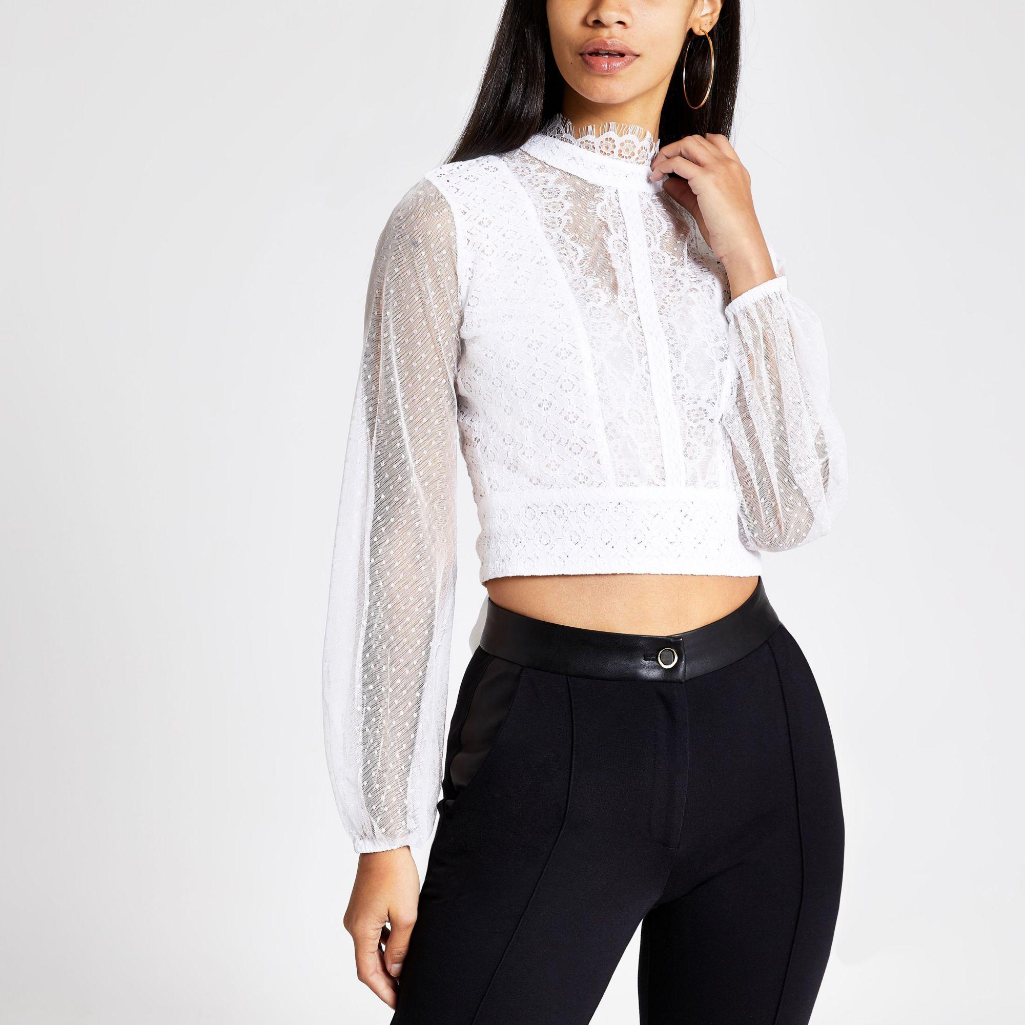 River Island Cream Long Sheer Sleeve Lace Crop Top in White | Lyst