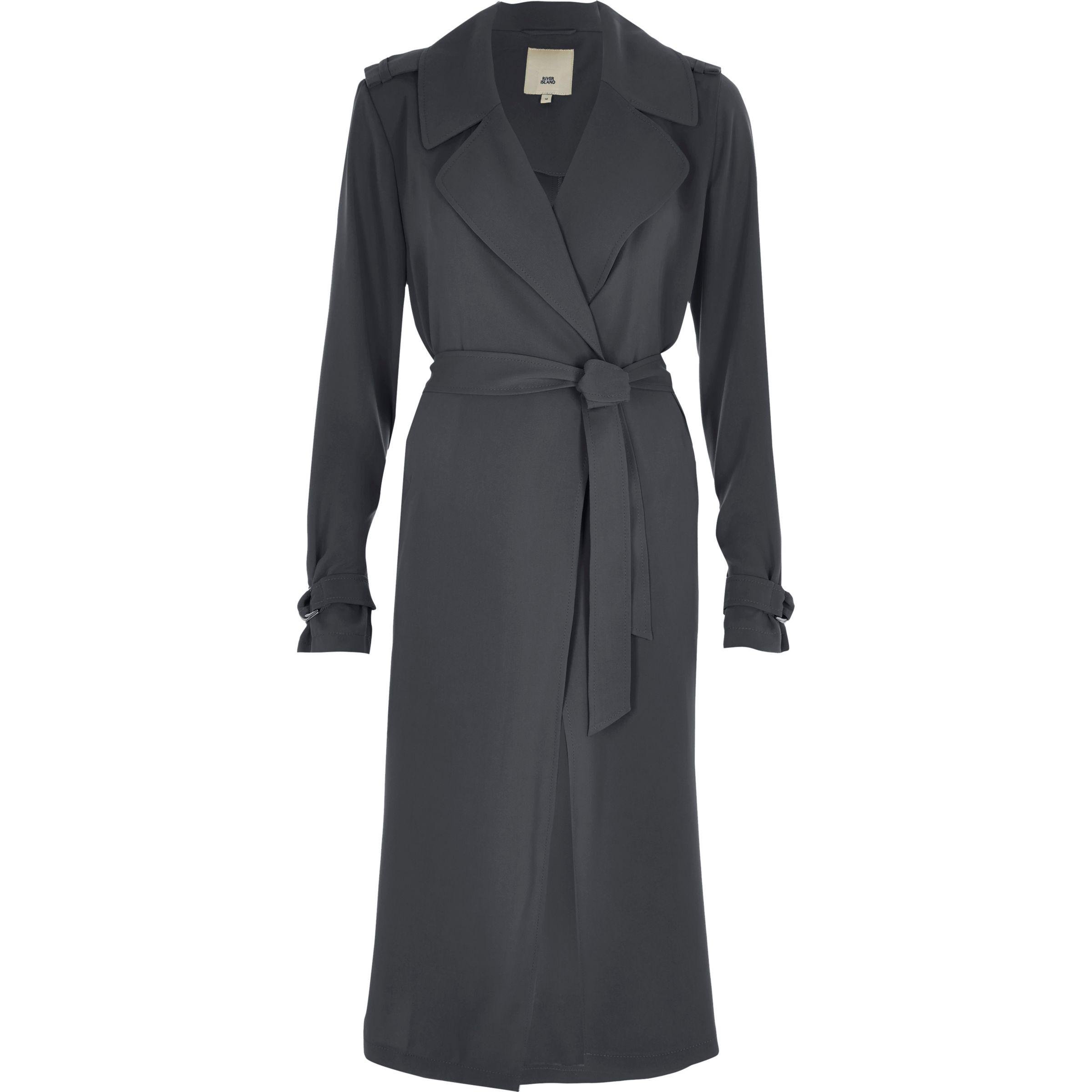 River Island Synthetic Dark Grey Belted Duster Trench Coat in Gray - Lyst