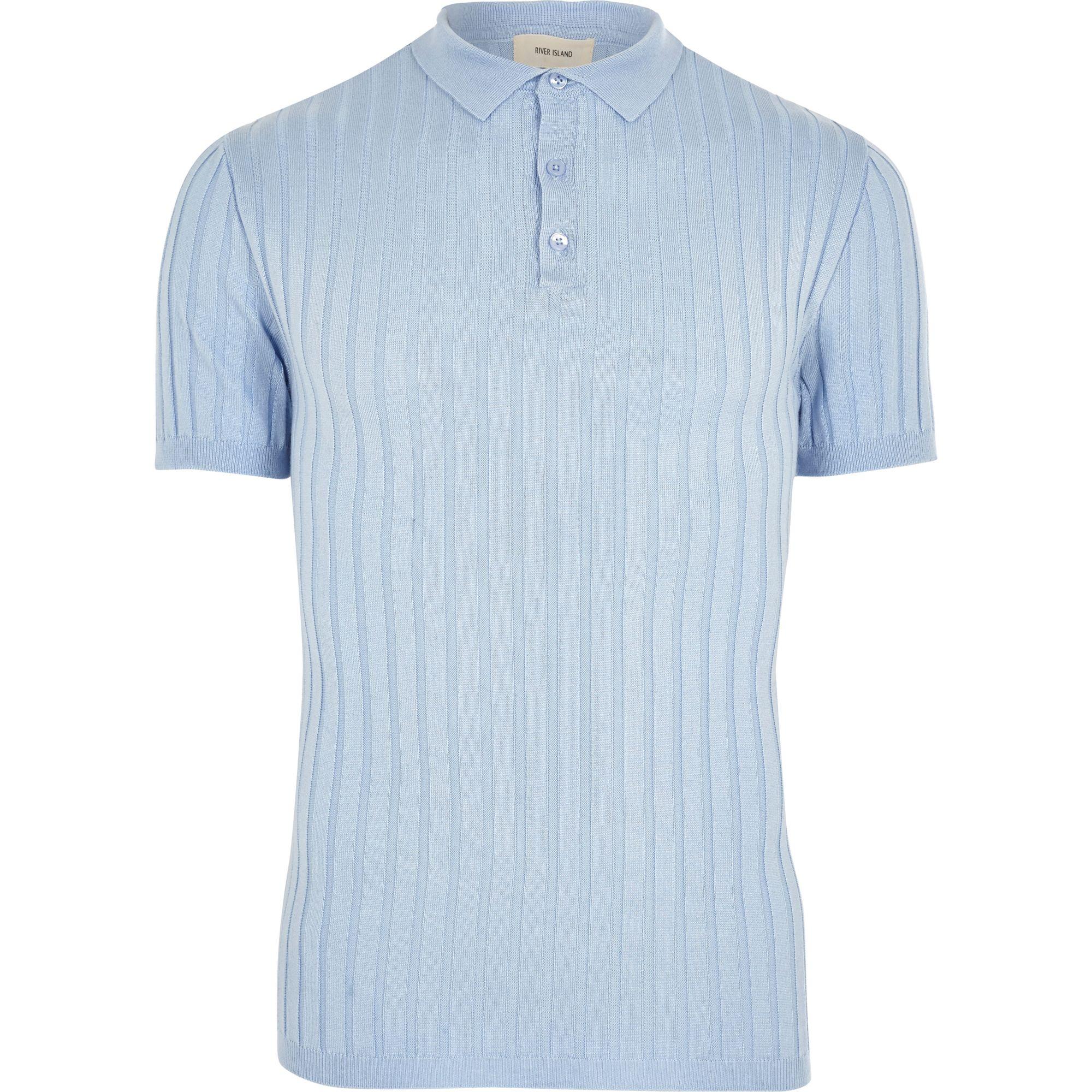 River Island Synthetic Light Blue Muscle Fit Ribbed Knit Polo Shirt for ...
