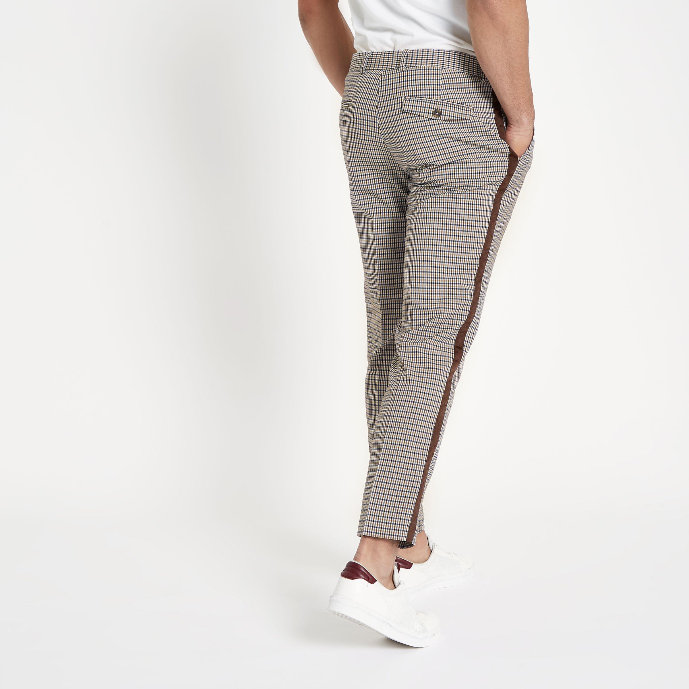 grey check skinny fit tape chino trousers