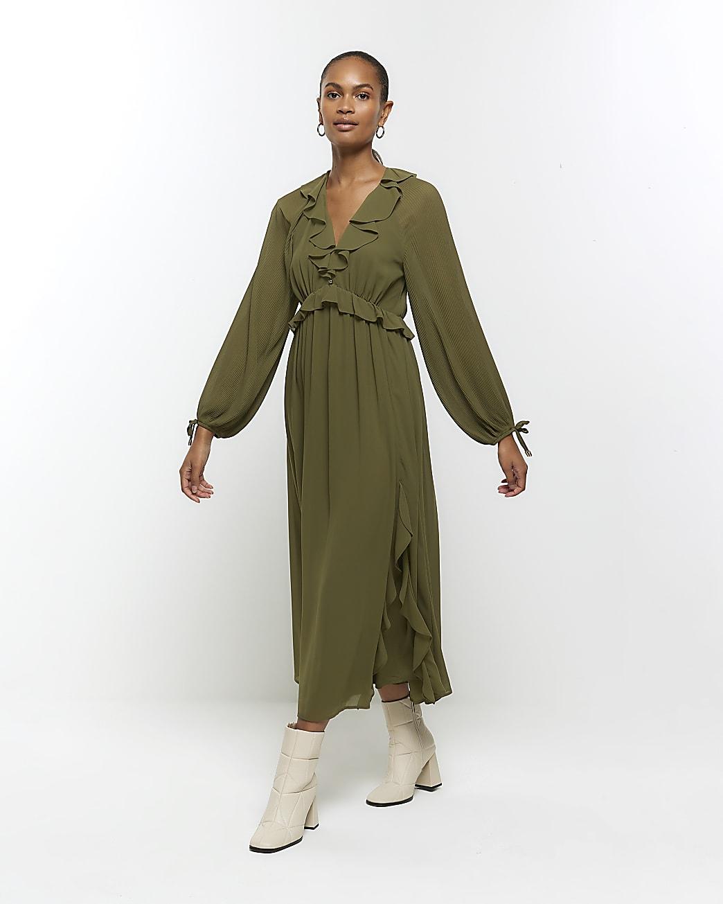 River island khaki midi hot sale dress