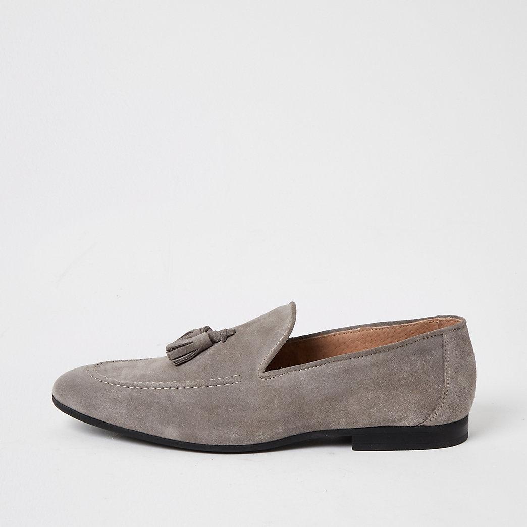 River Island Light Grey Suede Tassel Loafers in Gray for Men | Lyst