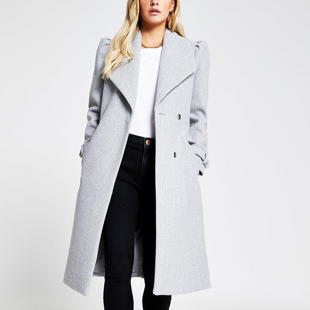 River Island Petite Grey Puff Sleeve Belted Robe Coat in Gray - Lyst