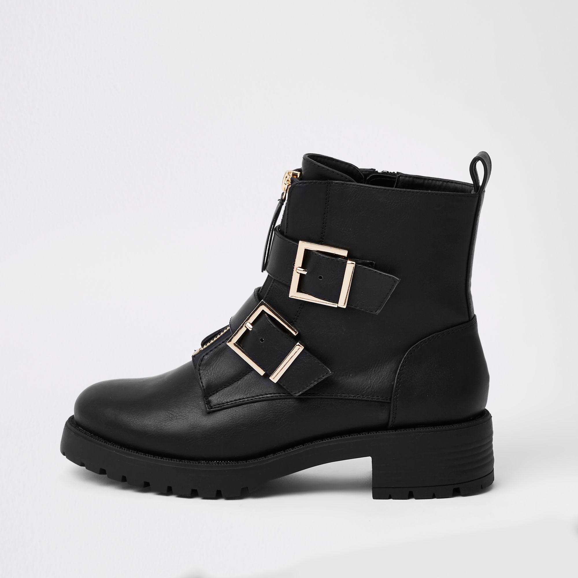 Black Buckle Front Zip Chunky Boots 
