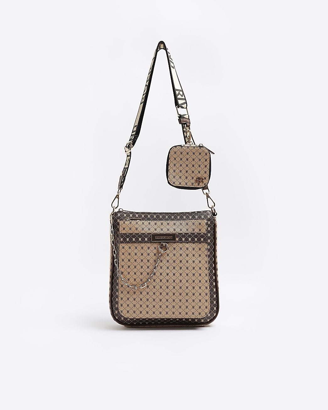 River Island Brown Ri Monogram Messenger Bag in White Lyst