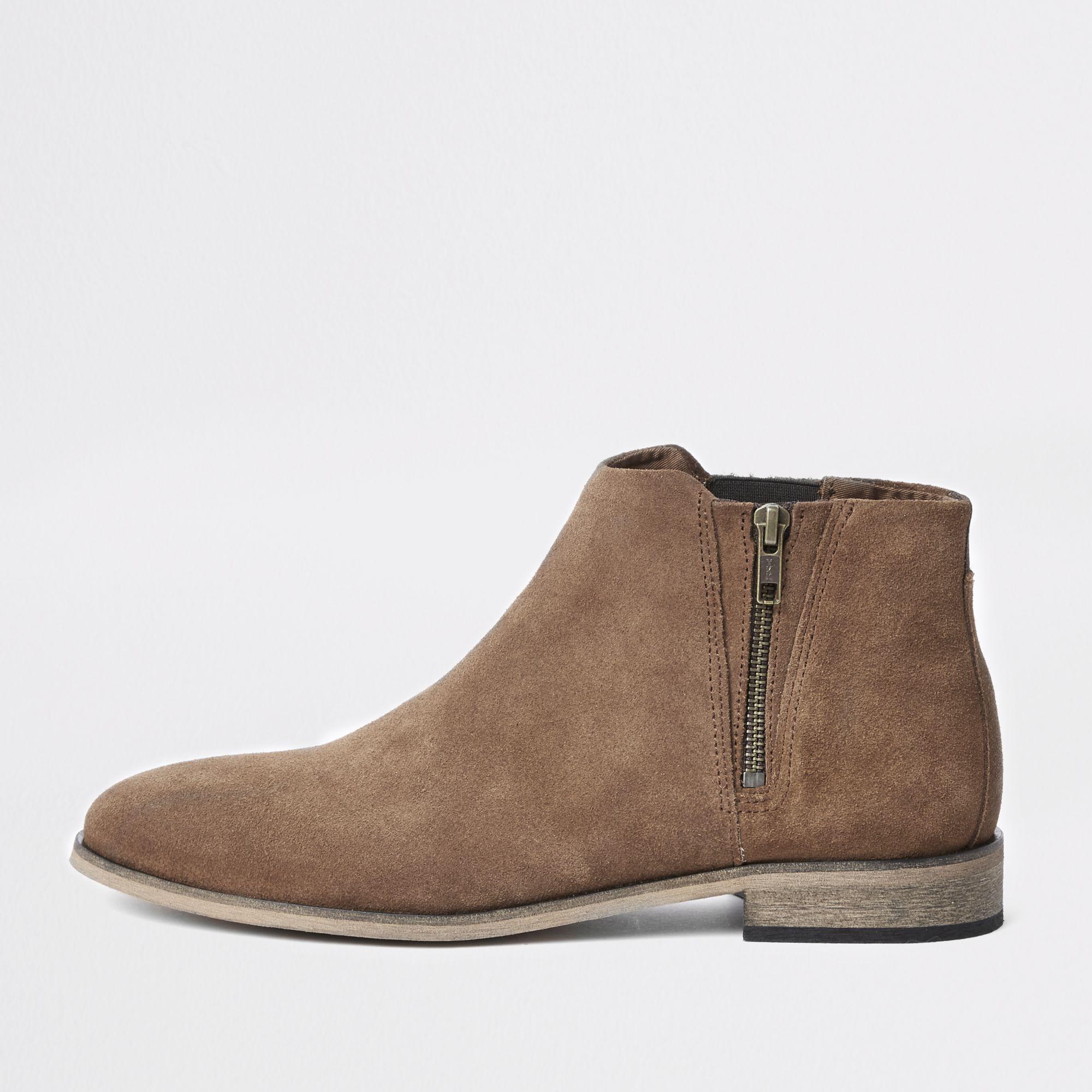 River Island Brown Suede Zip Chelsea Boots for Men | Lyst