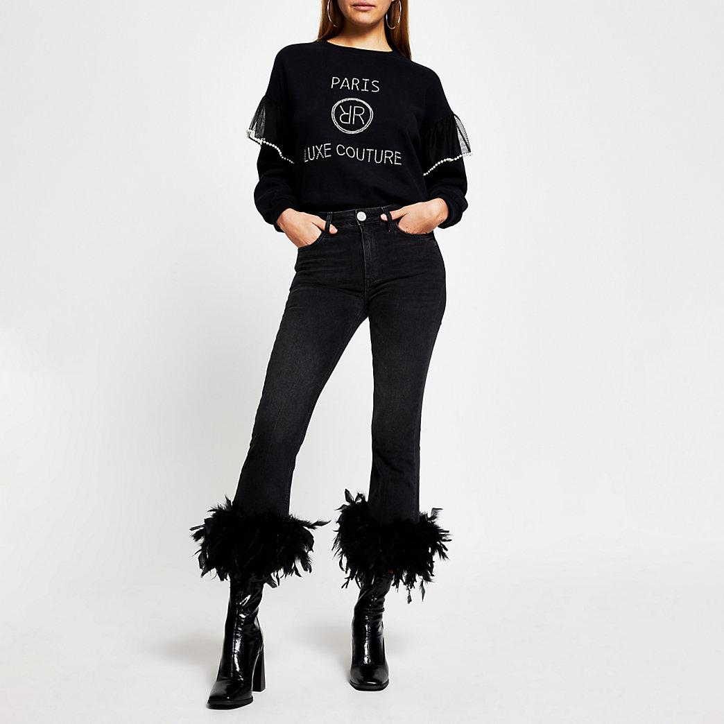 Denim Black Feather Trim Flared Jeans 
