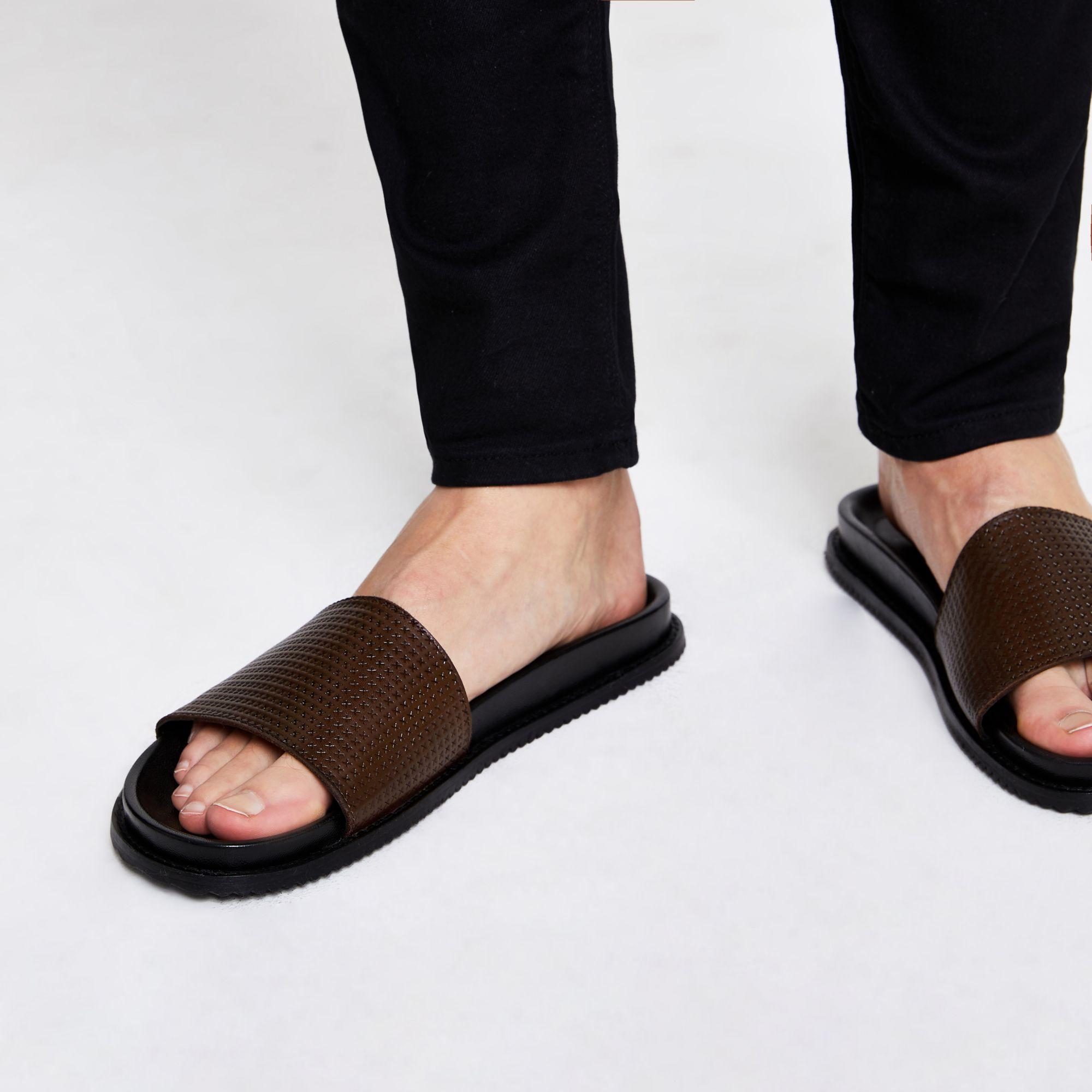 River Island Leather Sliders in Brown for Men - Lyst