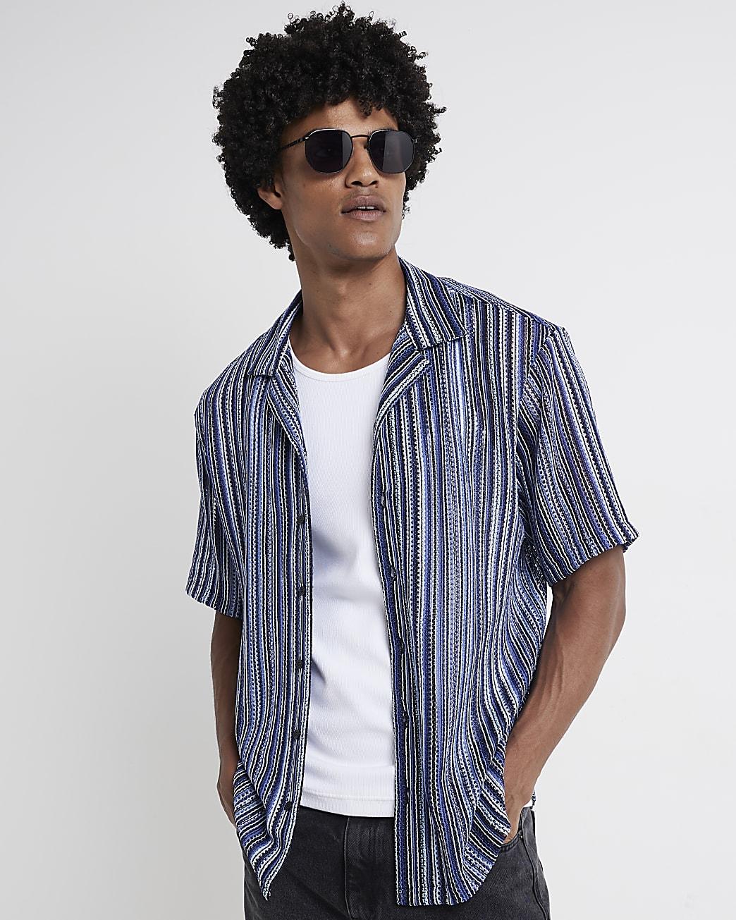 River Island Regular Fit Crochet Stripe Revere Shirt in Blue for Men Lyst UK