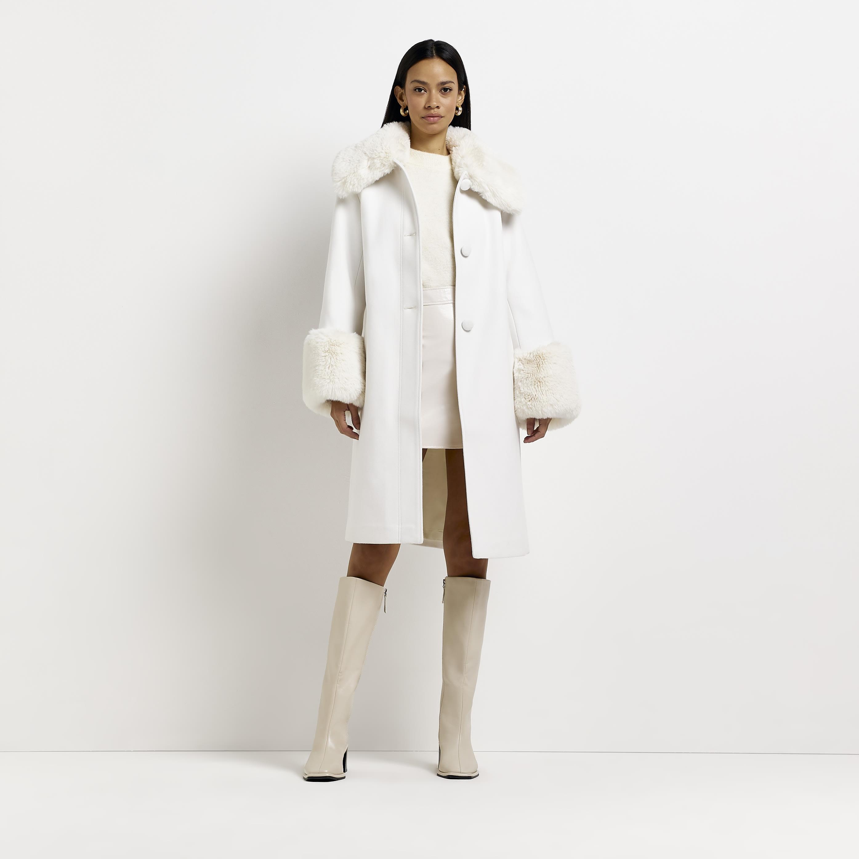 River Island Faux Fur Detail Longline Coat in White | Lyst UK