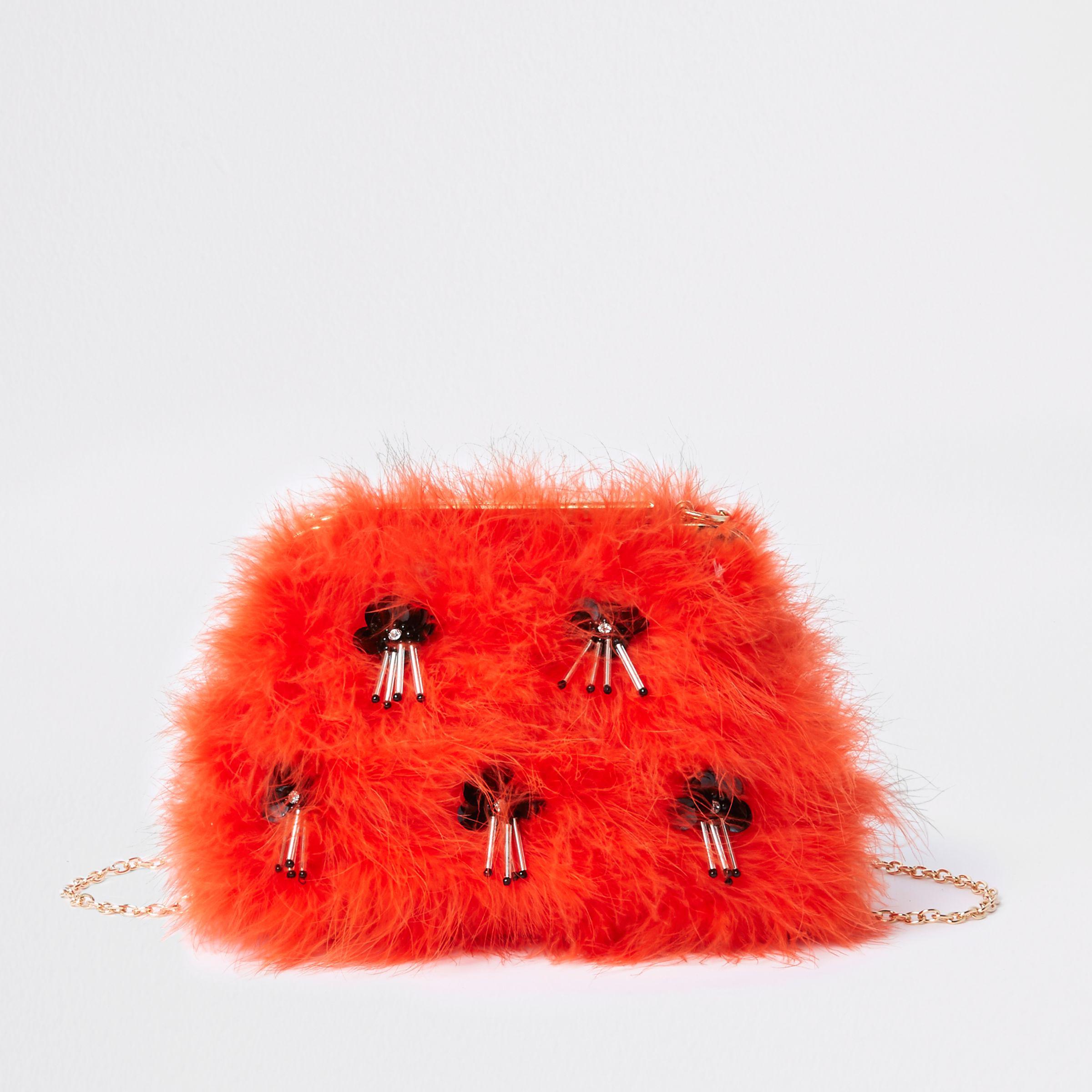River Island Synthetic Orange Marabou Feather Sequin Clutch Bag | Lyst