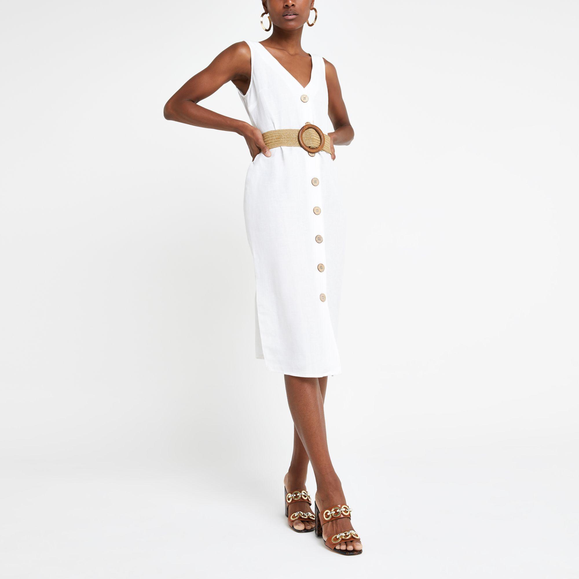 River Island White Linen Belted Button Front Midi Dress | Lyst Canada