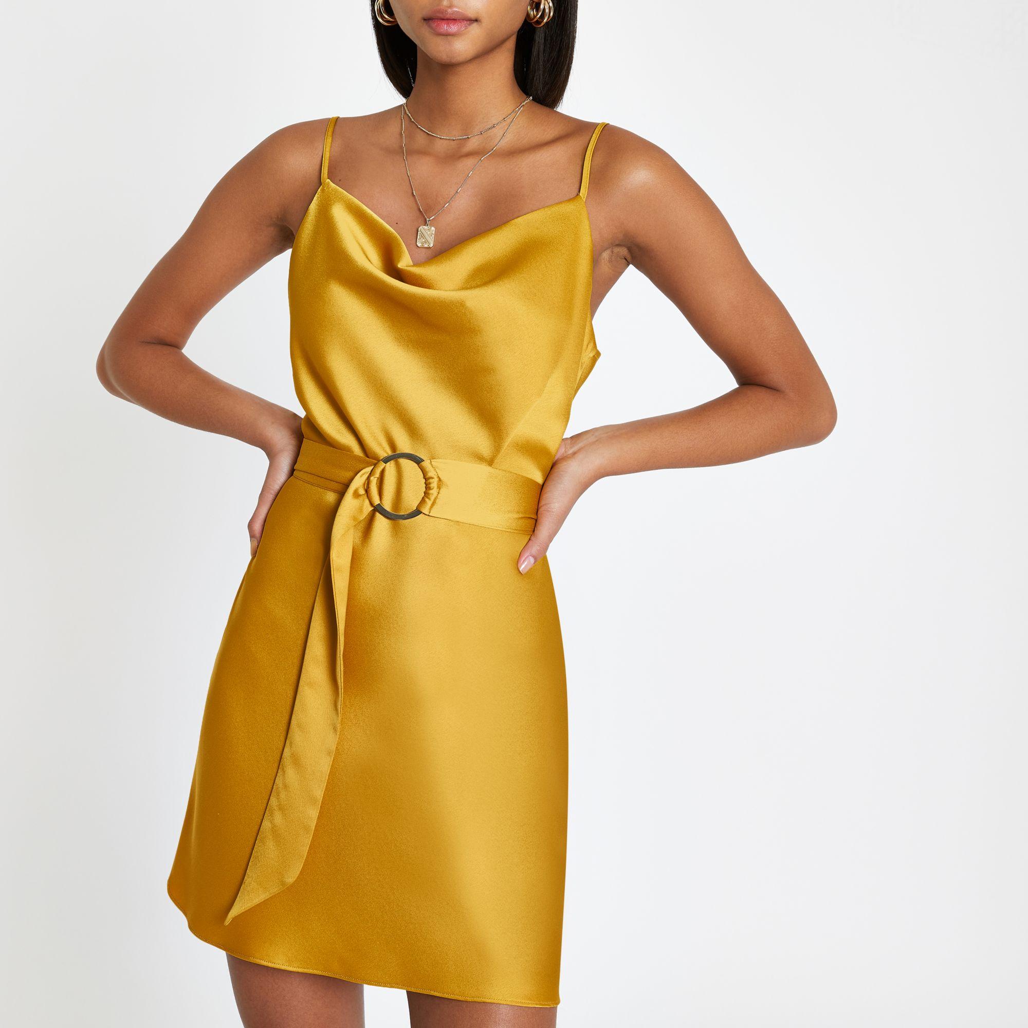 yellow cowl neck belted slip dress