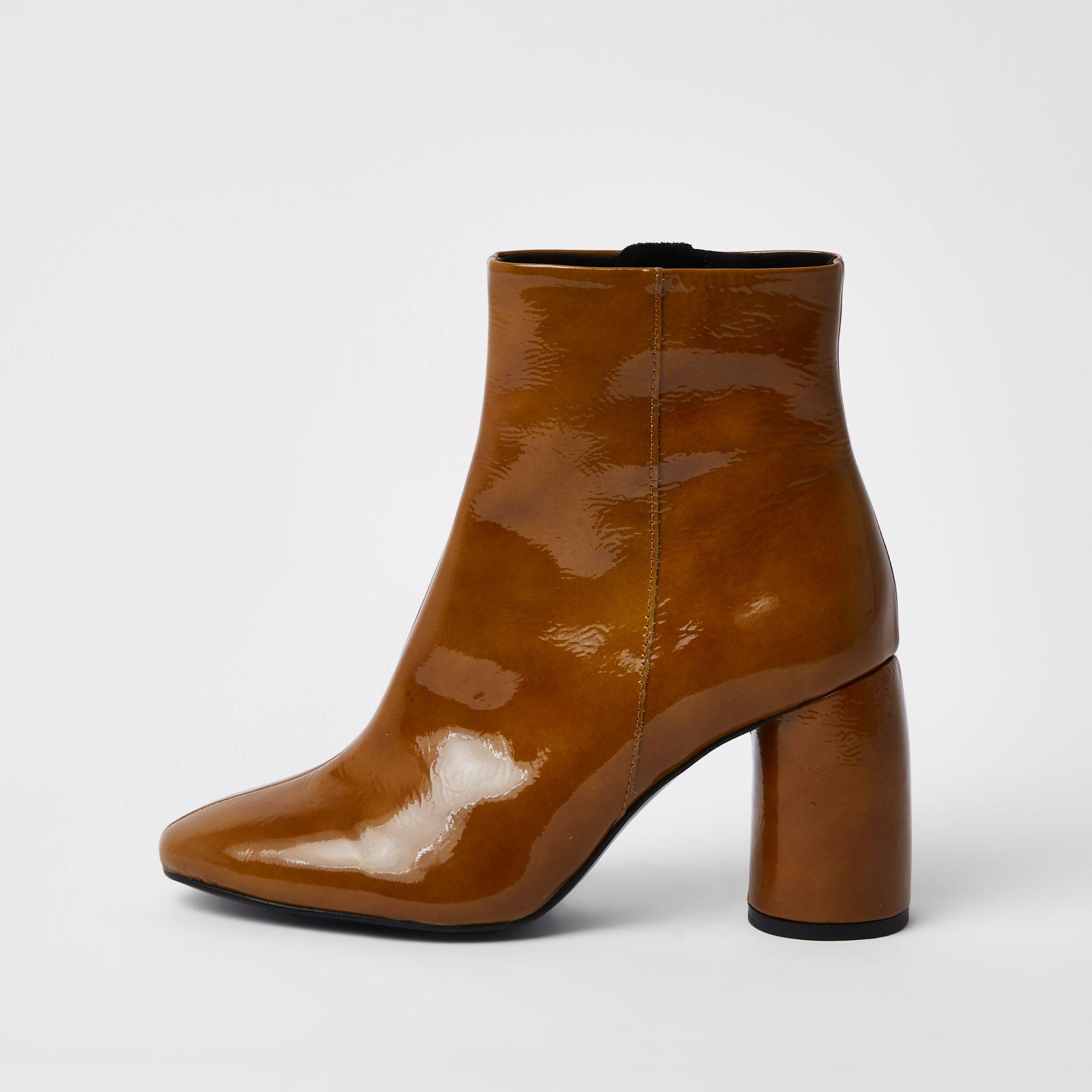 River Island Brown Shiny Leather Bubble Heel Ankle Boots | Lyst