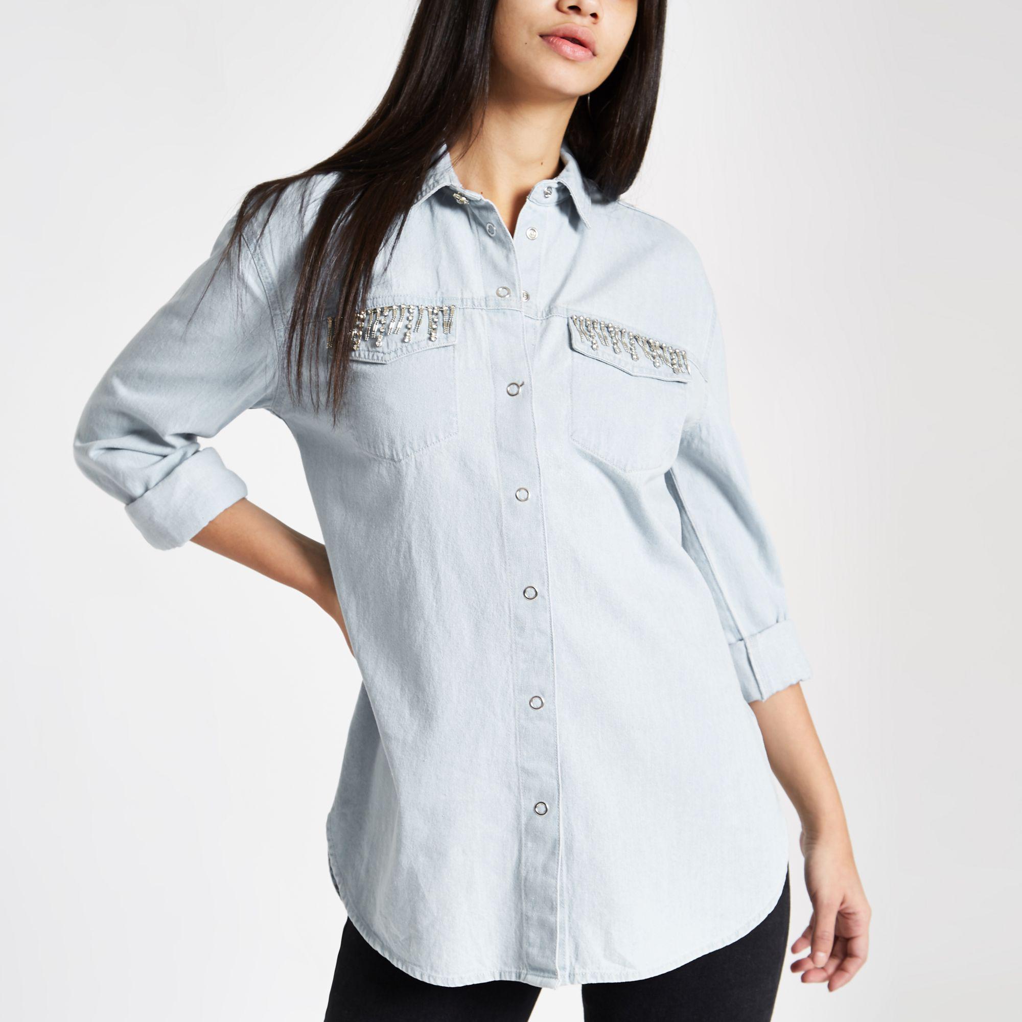 Blue Diamante Embellished Denim Shirt 