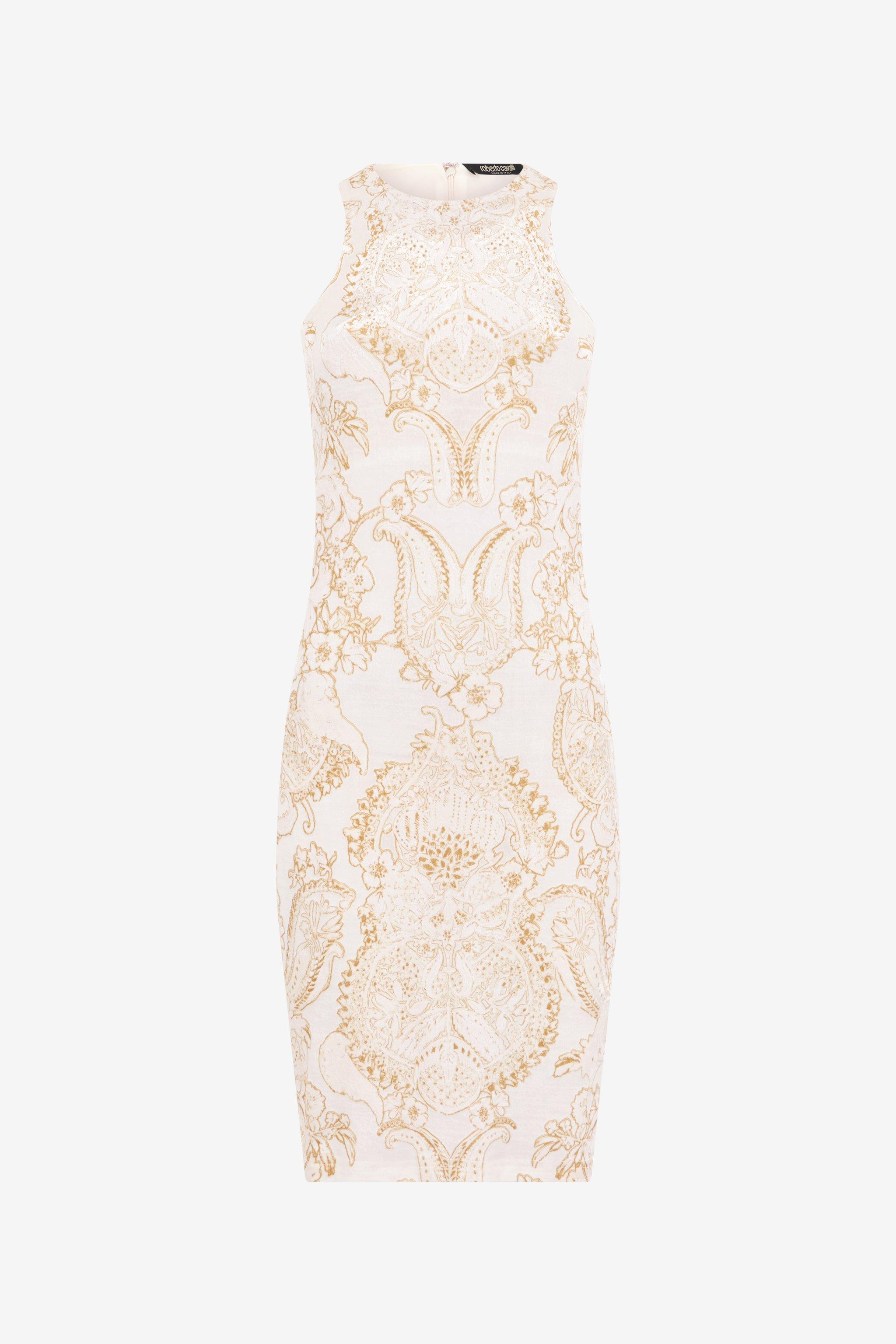 slim fit dress slacks 2004 Roberto Cavalli Metallic Silk 'Lady Print' High-Slit Trained Gown main image 1