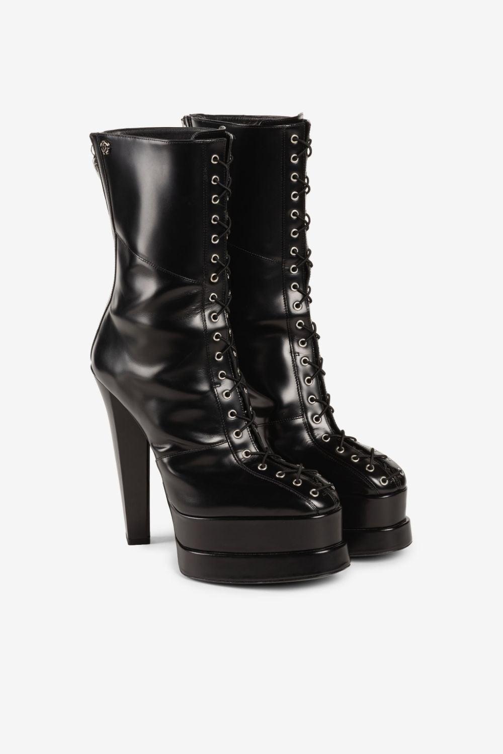 Roberto Cavalli Lace-up Platform Boots in Black | Lyst