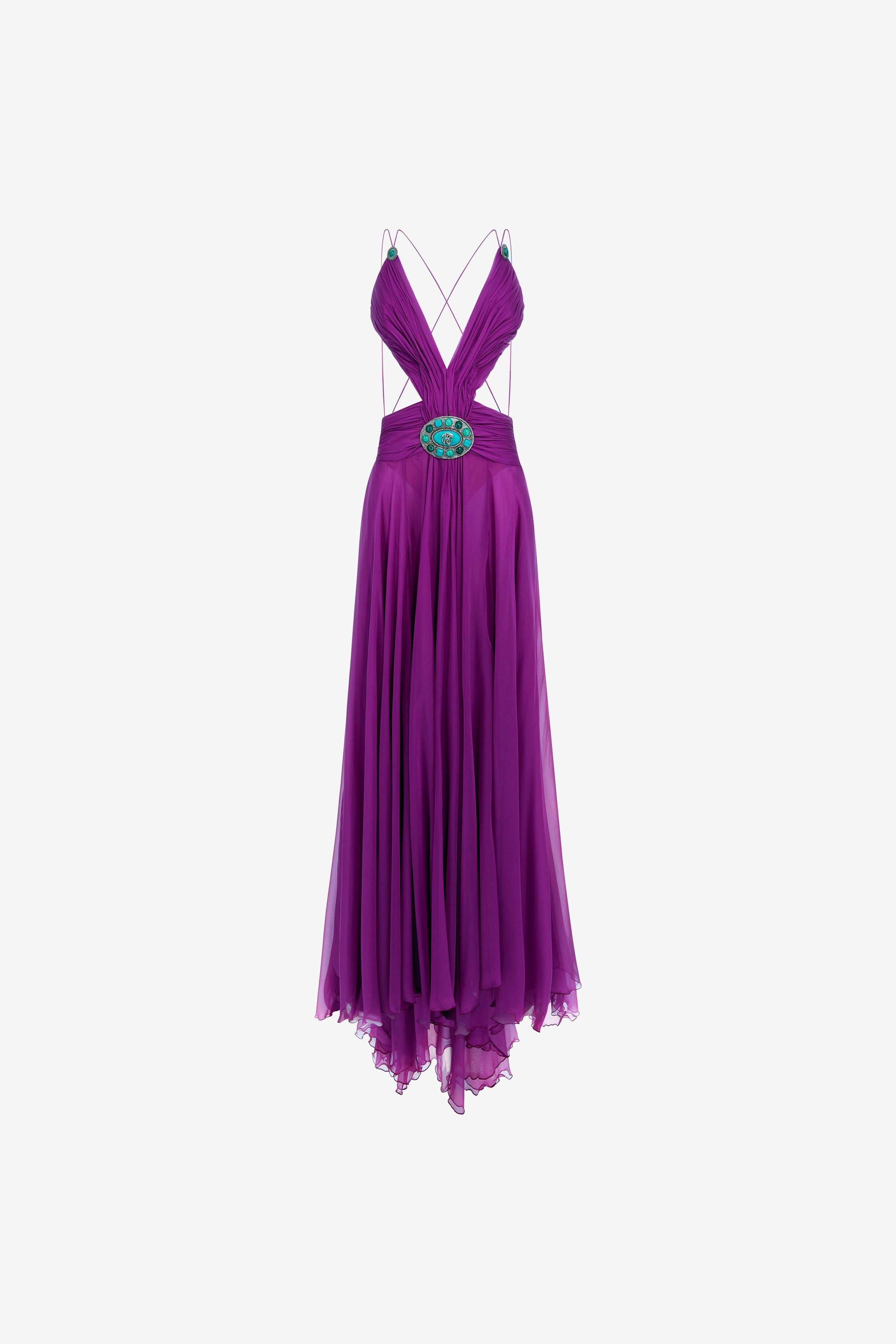 roberto cavalli purple dress Roberto Cavalli dragon-plaque V-neck Gown | Purple