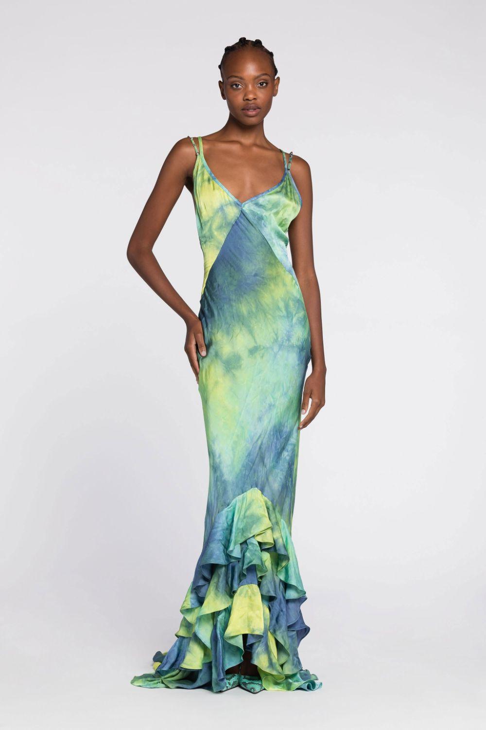 Roberto Cavalli Tie-dye Print Ruffle-hem Maxi Dress in Green | Lyst