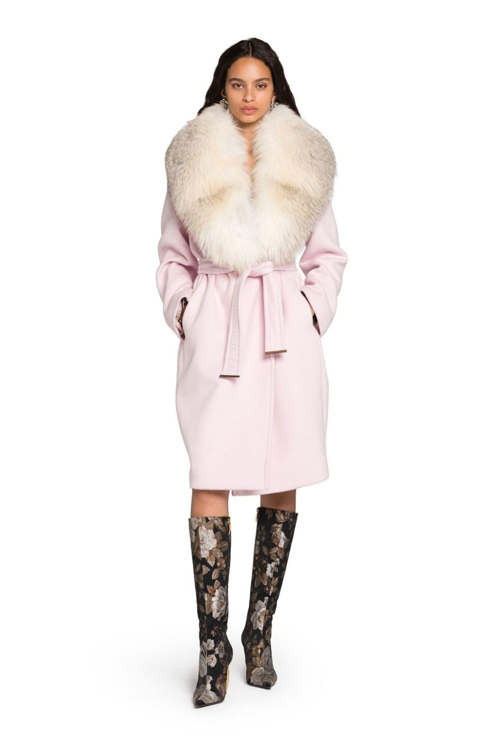 Roberto Cavalli Fur Collar Belted Wool Coat in Pink | Lyst