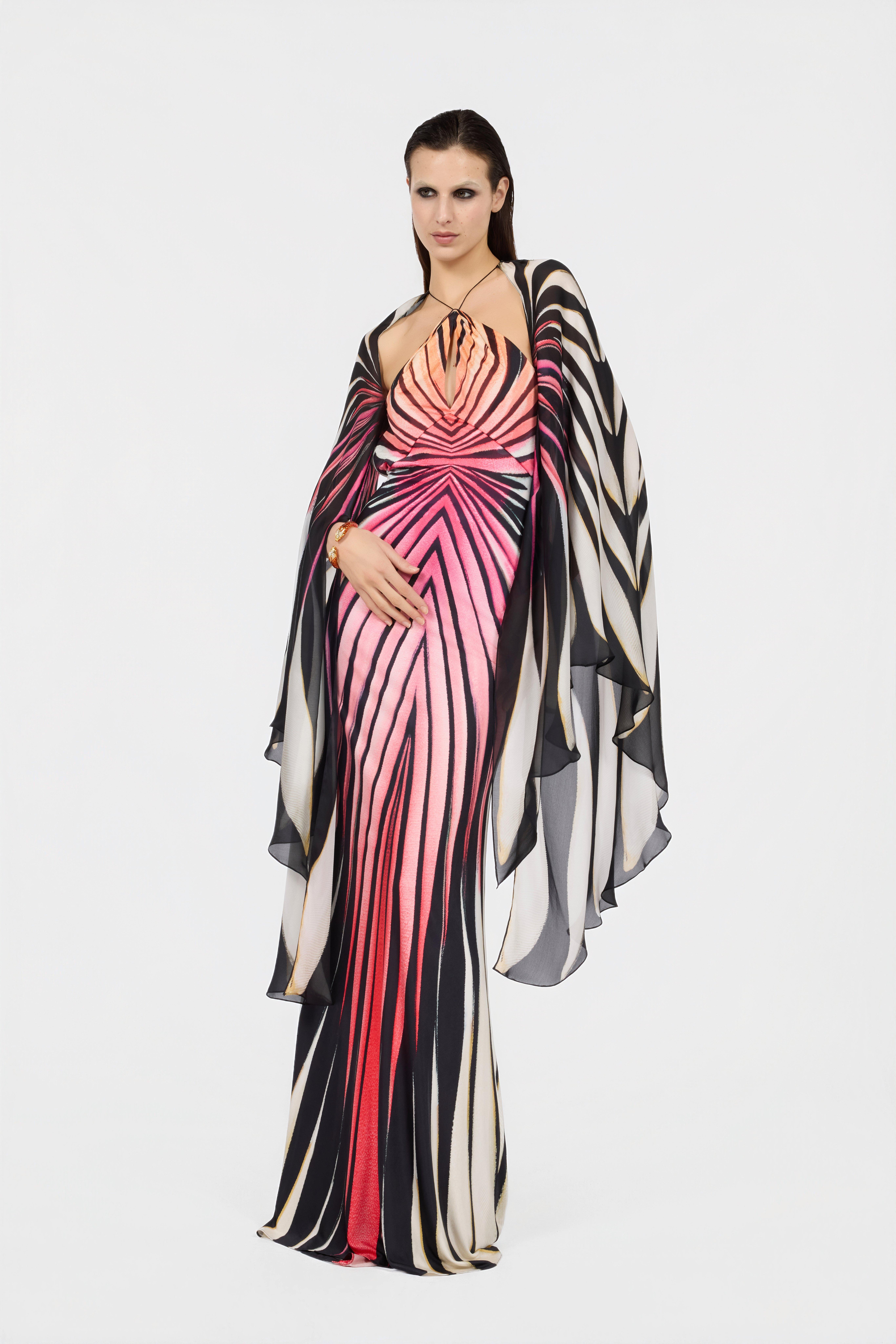 chinese dress ladies ROBERTO CAVALLI Spring 2005 Vintage Orchid Print Silk Maxi Gown – VINTAGE  VON WERTH