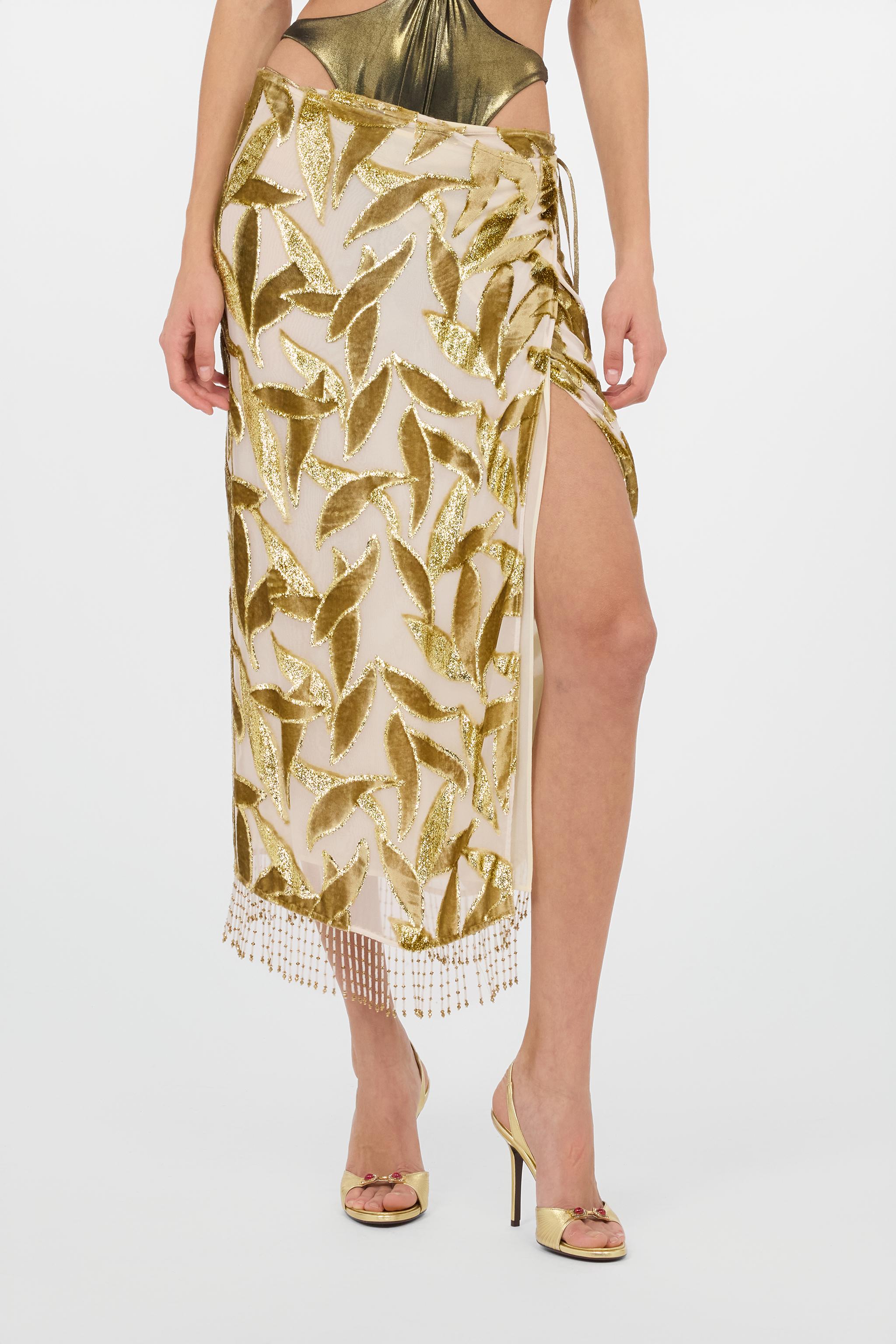 Jupe Roberto Cavalli En Soie Avec Sequins - Taille L - Beige - Longueur Genou - Neuf Avec étiquettes