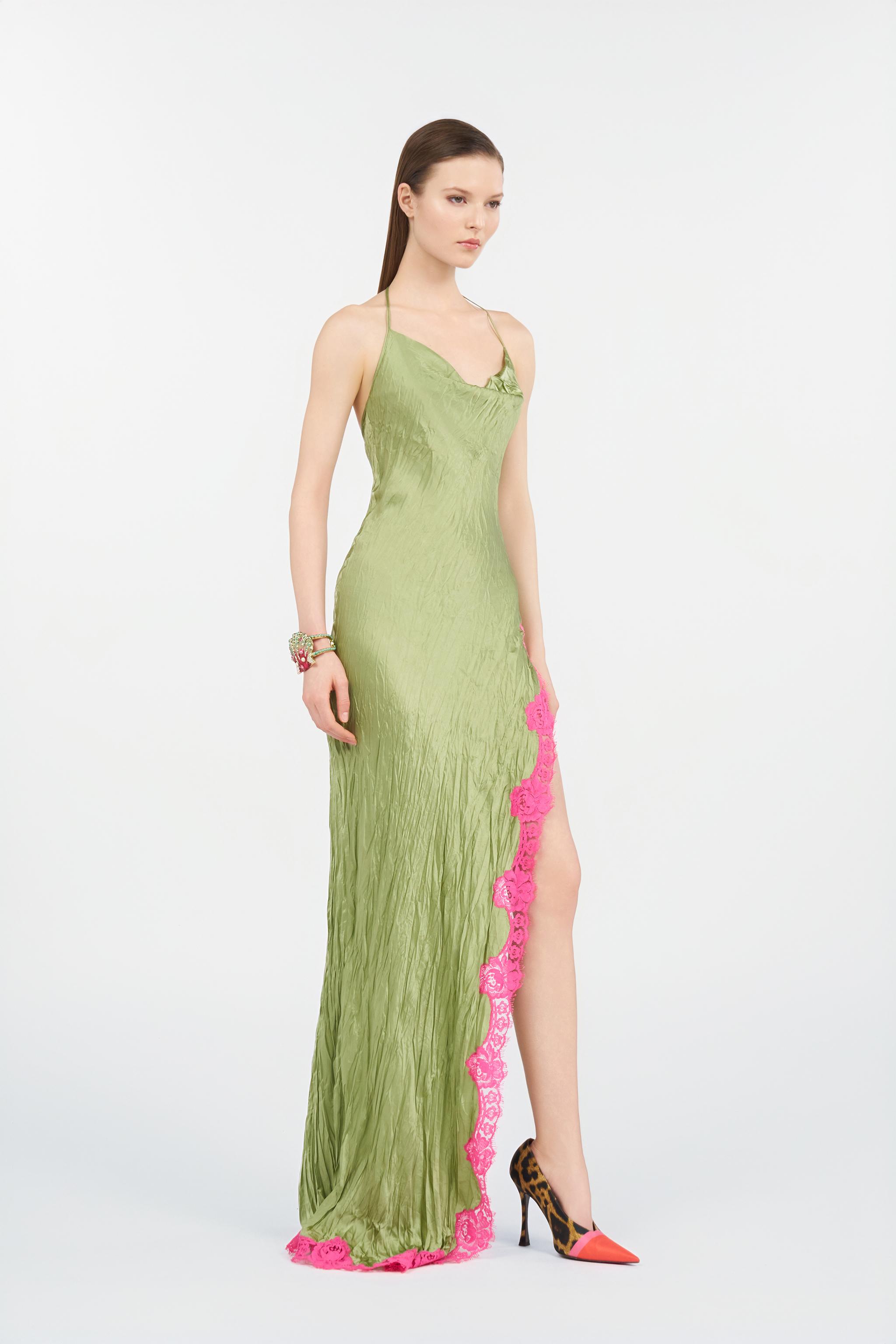 Roberto Cavalli Long Silk Dress With Lace Detail in Green | Lyst Roberto Cavalli Long Silk Dress With Lace Detail in Green | Lyst