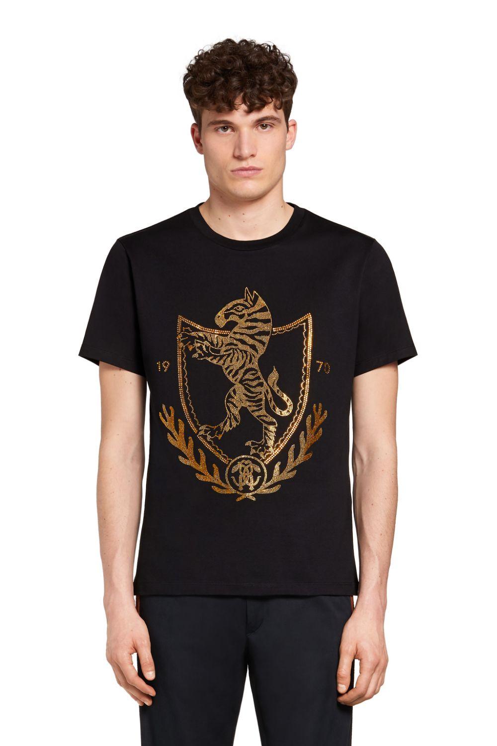Roberto Cavalli Crystal Embellished Crest T-shirt in Black for Men - Lyst