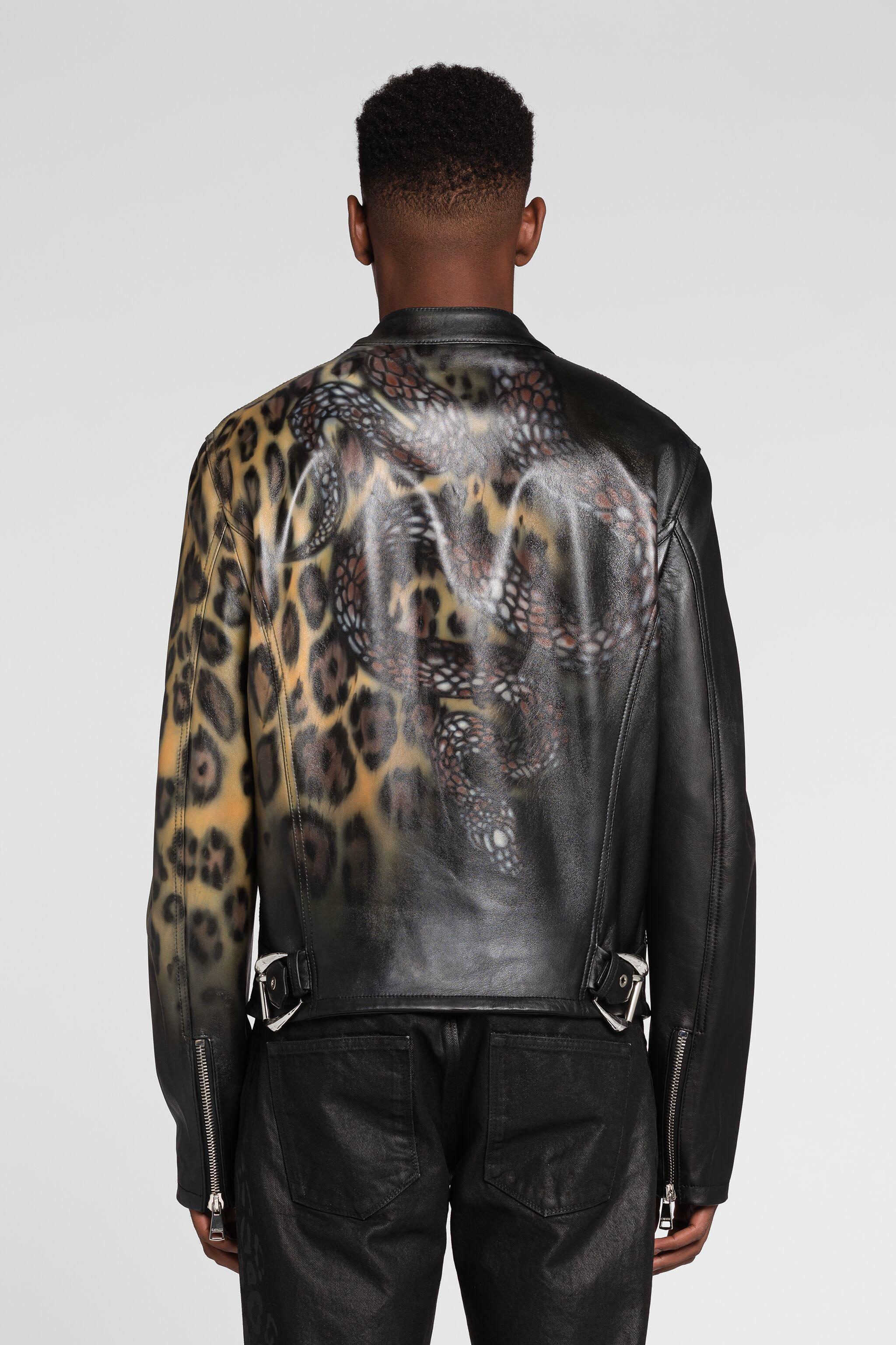 Roberto Cavalli Leopard Print Leather Bomber Jacket in Black