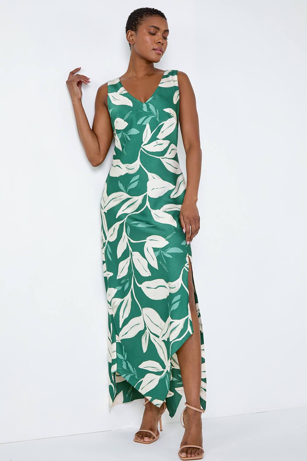 Roman Leaf Print Satin Bodycon Midi Dress in Green | Lyst UK