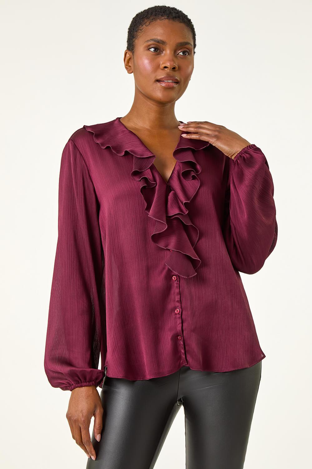 red ruffle front blouse