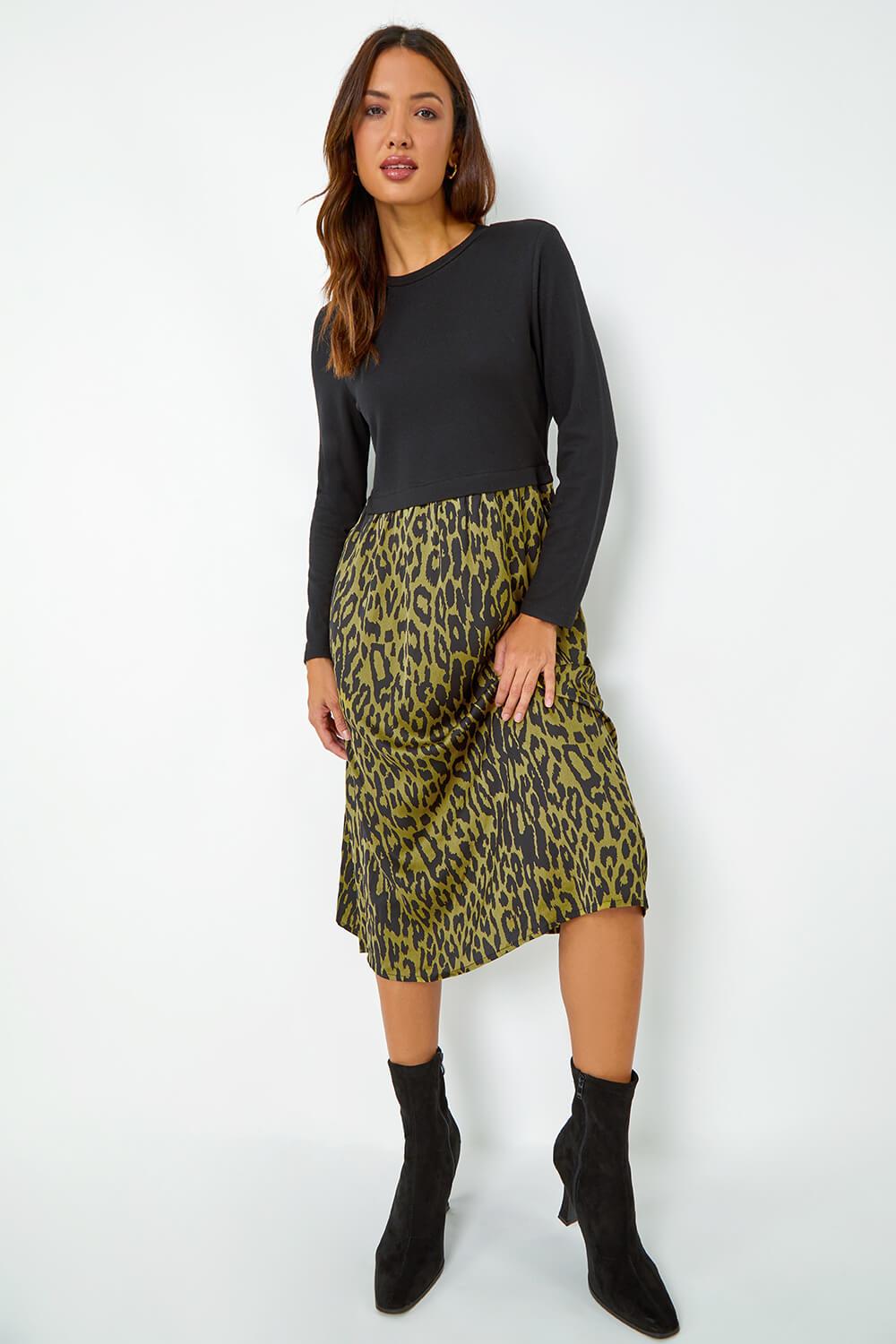 Roman Contrast Leopard Print Pocket Knit Midi Dress in Green Lyst UK