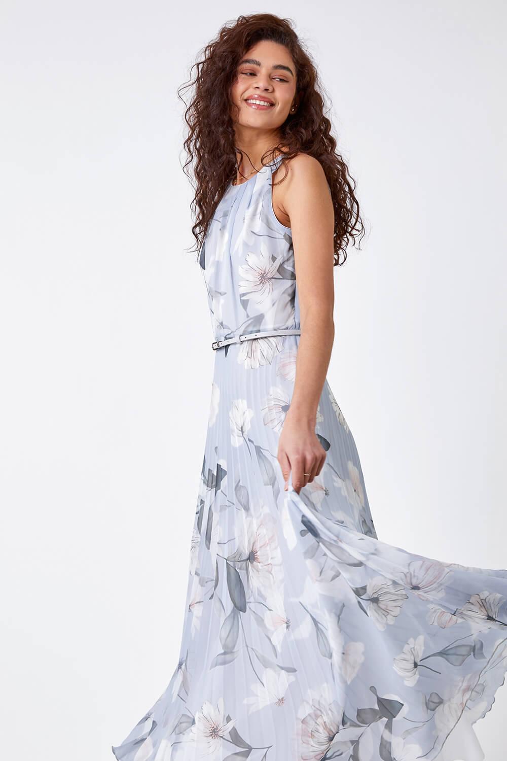 Roman Floral Pleated Maxi Occasion Wedding Guest Dress in Grey