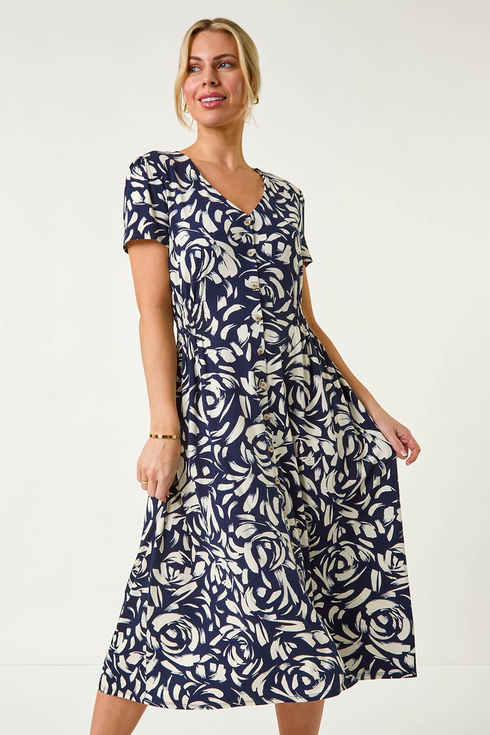 Roman Petite Floral Stretch Shirred Waist Dress in Blue Lyst UK