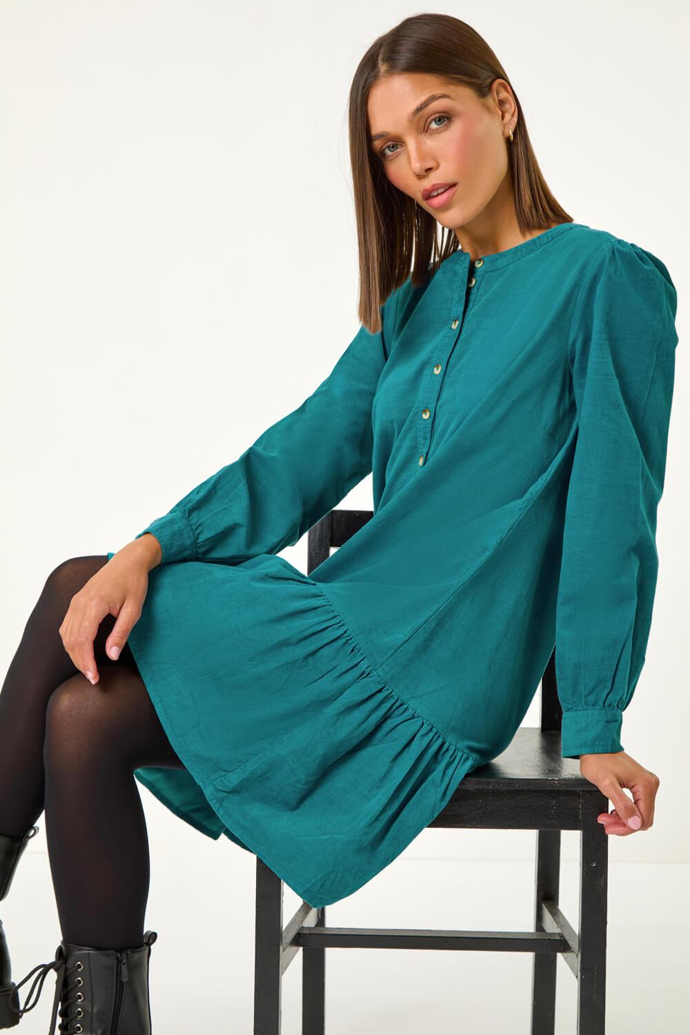 princess polly baby blue dress Roman Corduroy Button Detail A-Line Dress in Green