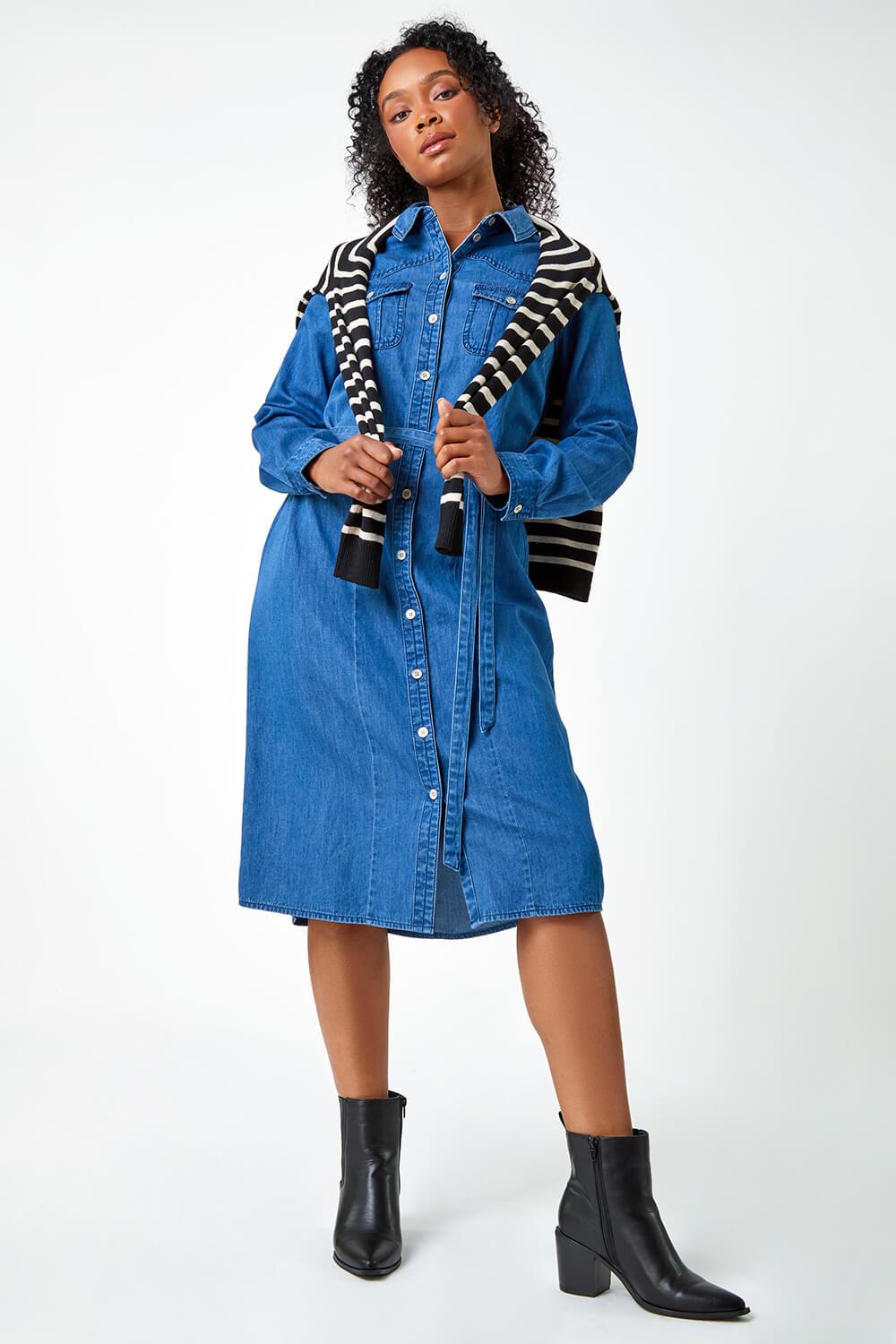 Denim Pocket Detail Shirt Dress in Blue - Roman Originals UK