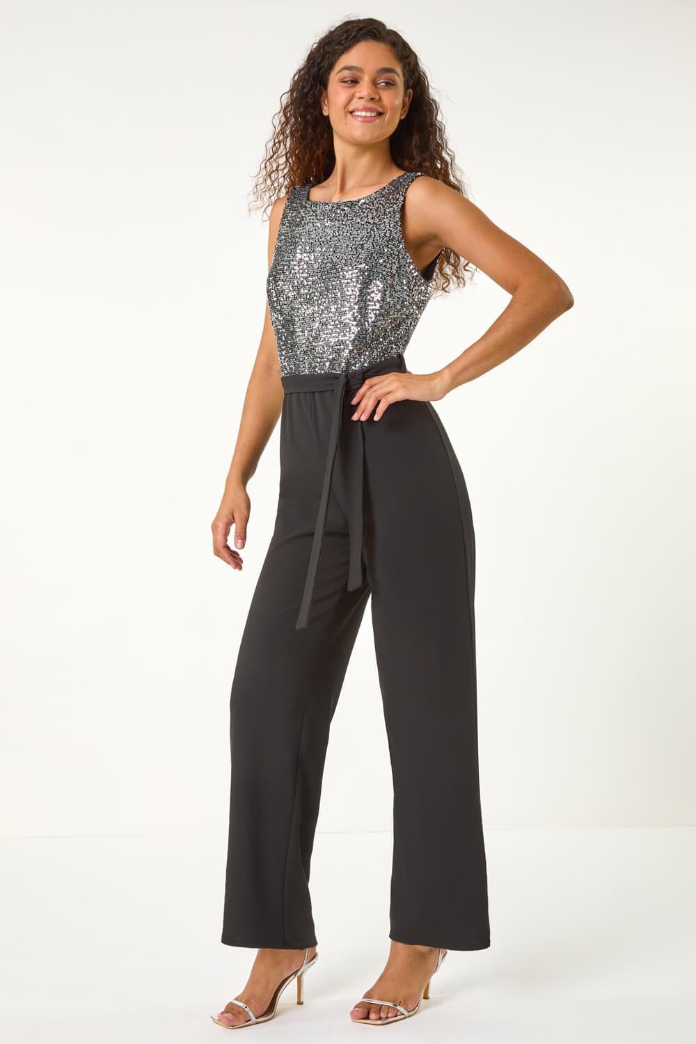 Roman Contrast Sequin Bodice Jumpsuit in Black Lyst UK