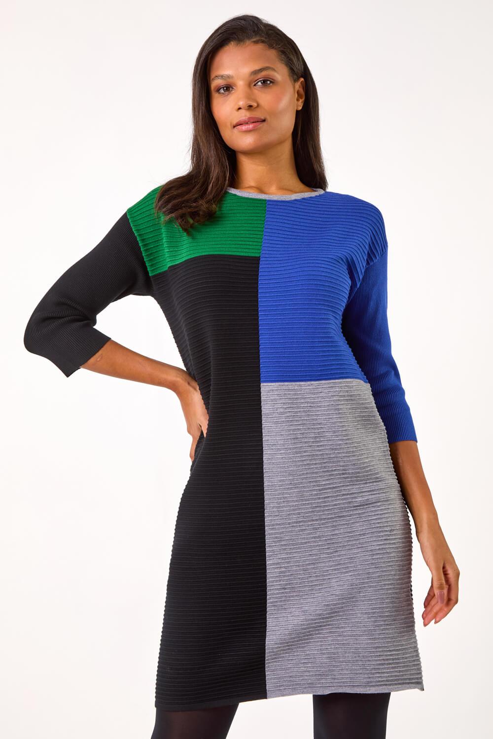 roman originals dress blue and black Colour Block Ribbed Knit in Elegant Women's Lace Dress 080426 Choose Chest Size for Coat (Inches):32
