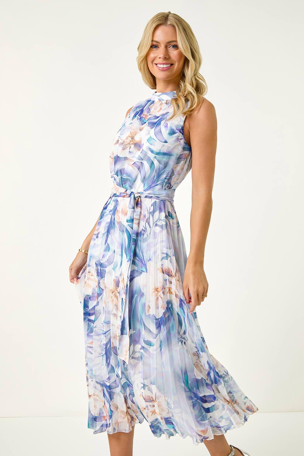 Roman Petite Floral Pleated Halter Neck Midi Dress in Blue Lyst UK
