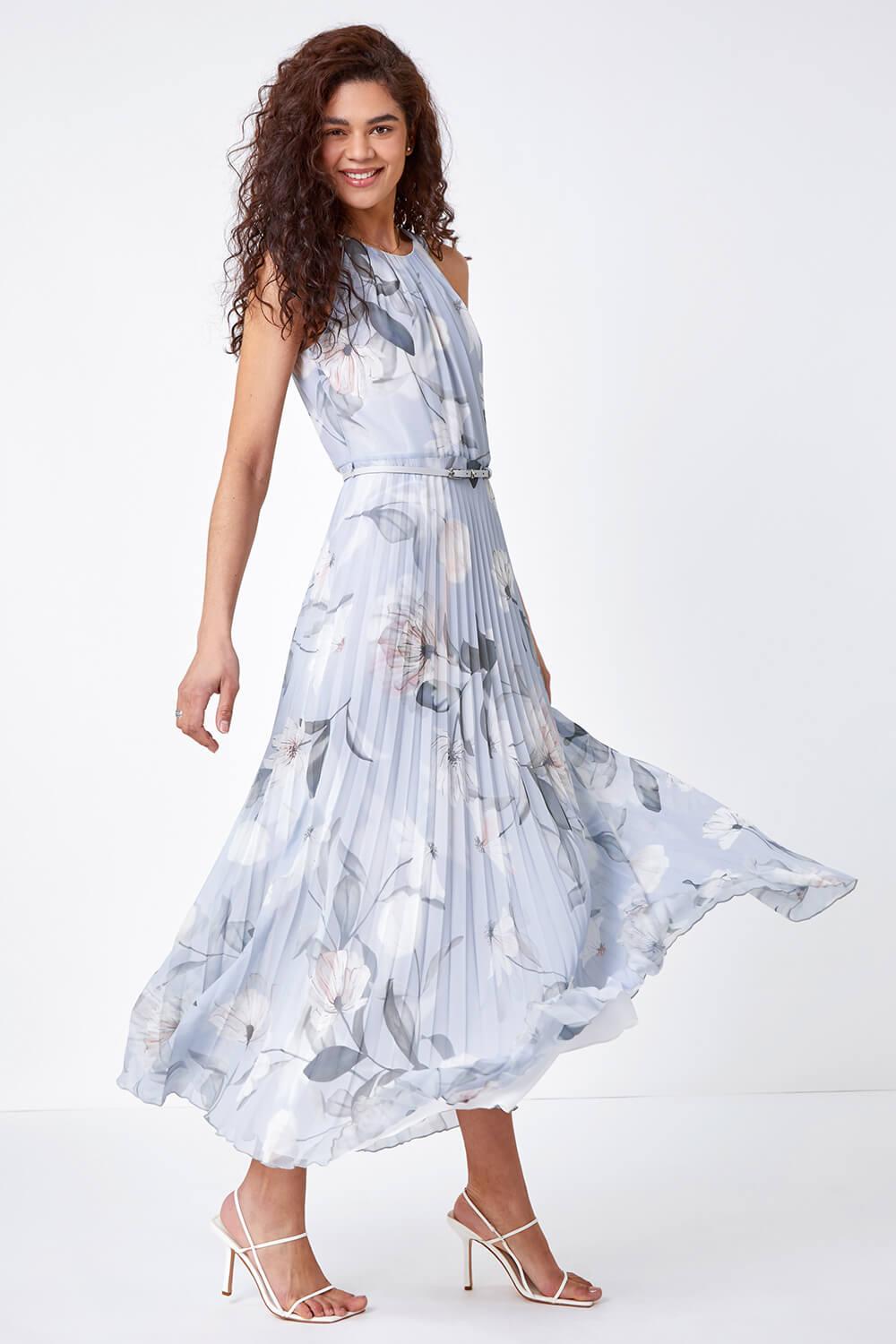 Roman Floral Pleated Maxi Occasion Wedding Guest Dress in Grey