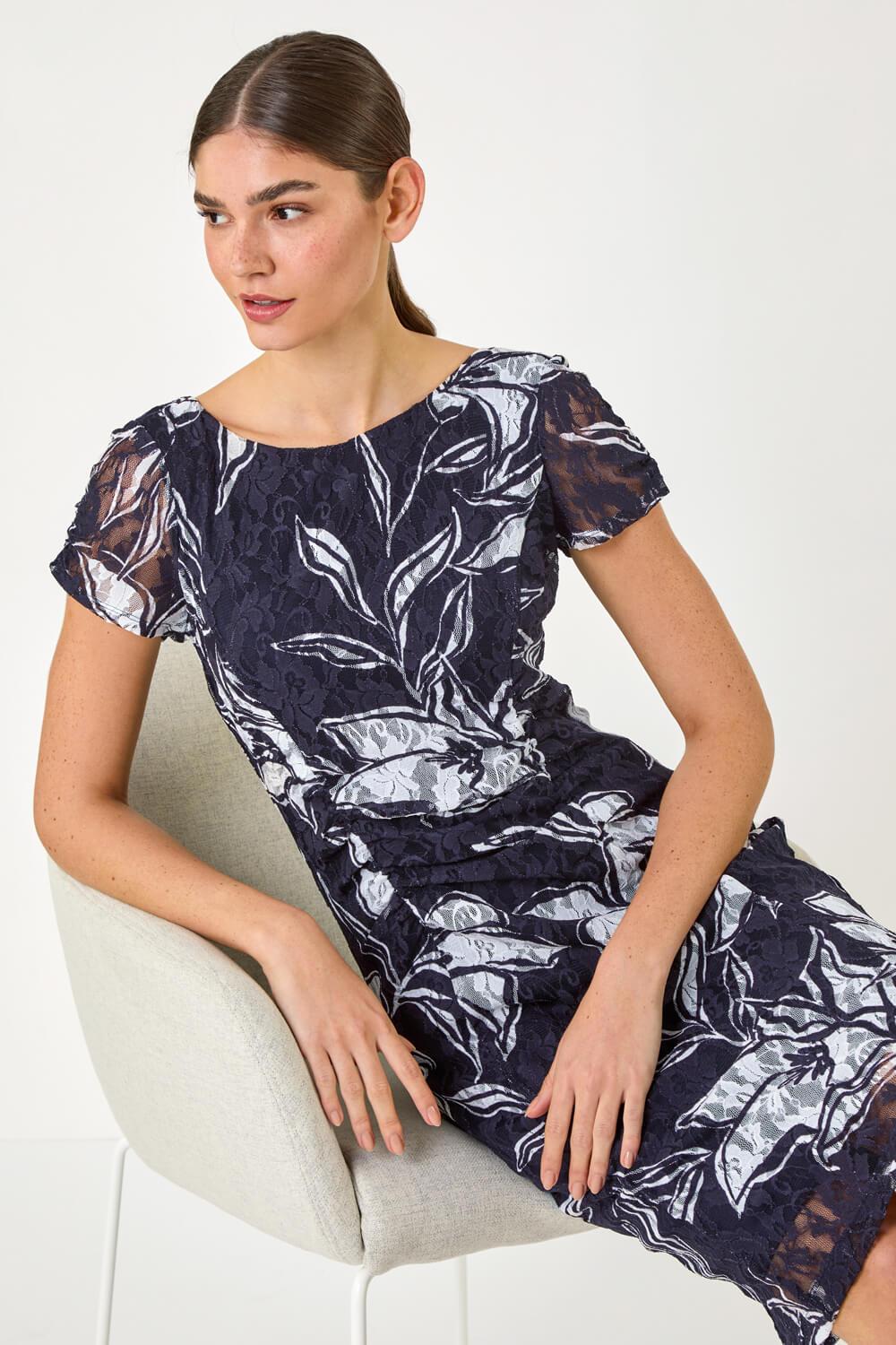 Roman Floral Print Lace Stretch Bodycon Dress in Blue